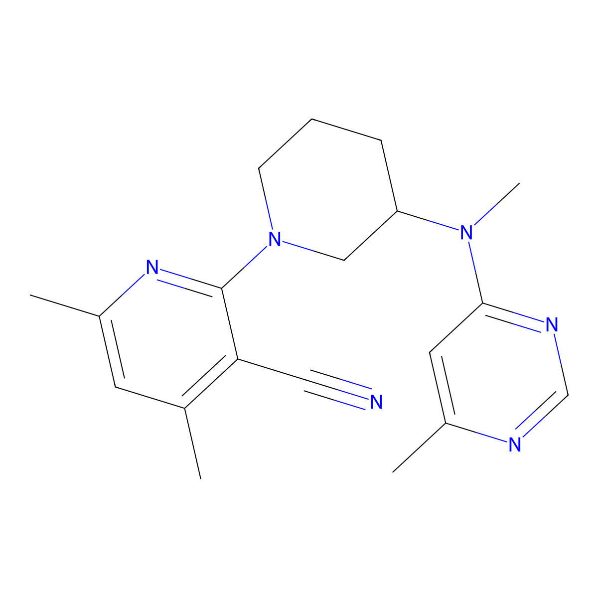 4,6-Dimethyl-2-[3-[methyl-(6-methylpyrimidin-4-yl)amino]piperidin-1-yl]pyridine-3-carbonitrile molecular structure, CAS 3054535-35-9