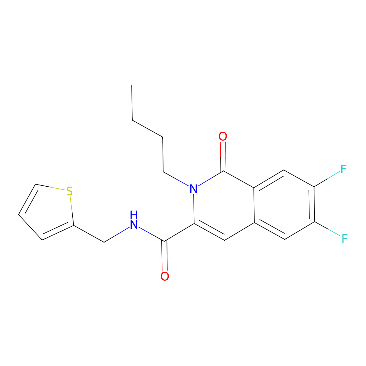 2-butyl-6,7-difluoro-1-oxo-N-[(thiophen-2-yl)methyl]-1,2-dihydroisoquinoline-3-carboxamide molecular structure, CAS 3054535-39-3