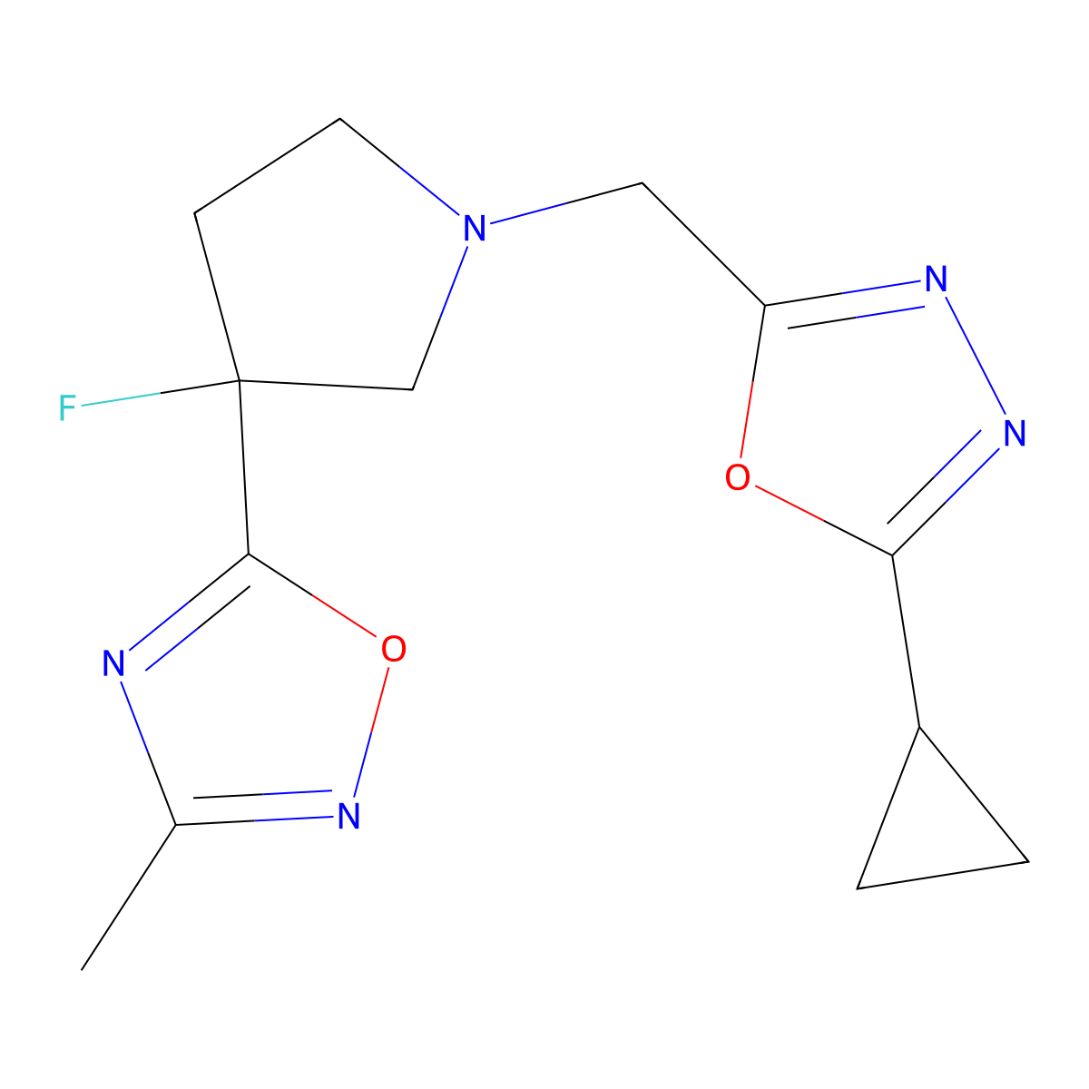 5-{1-[(5-Cyclopropyl-1,3,4-oxadiazol-2-yl)methyl]-3-fluoropyrrolidin-3-yl}-3-methyl-1,2,4-oxadiazole molecular structure, CAS 3054535-40-6