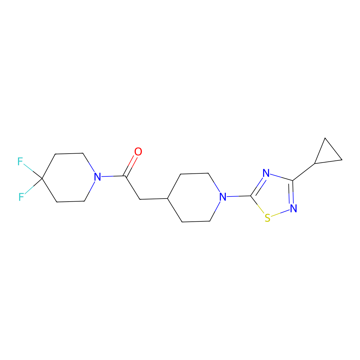 2-[1-(3-Cyclopropyl-1,2,4-thiadiazol-5-yl)piperidin-4-yl]-1-(4,4-difluoropiperidin-1-yl)ethan-1-one molecular structure, CAS 3054535-45-1