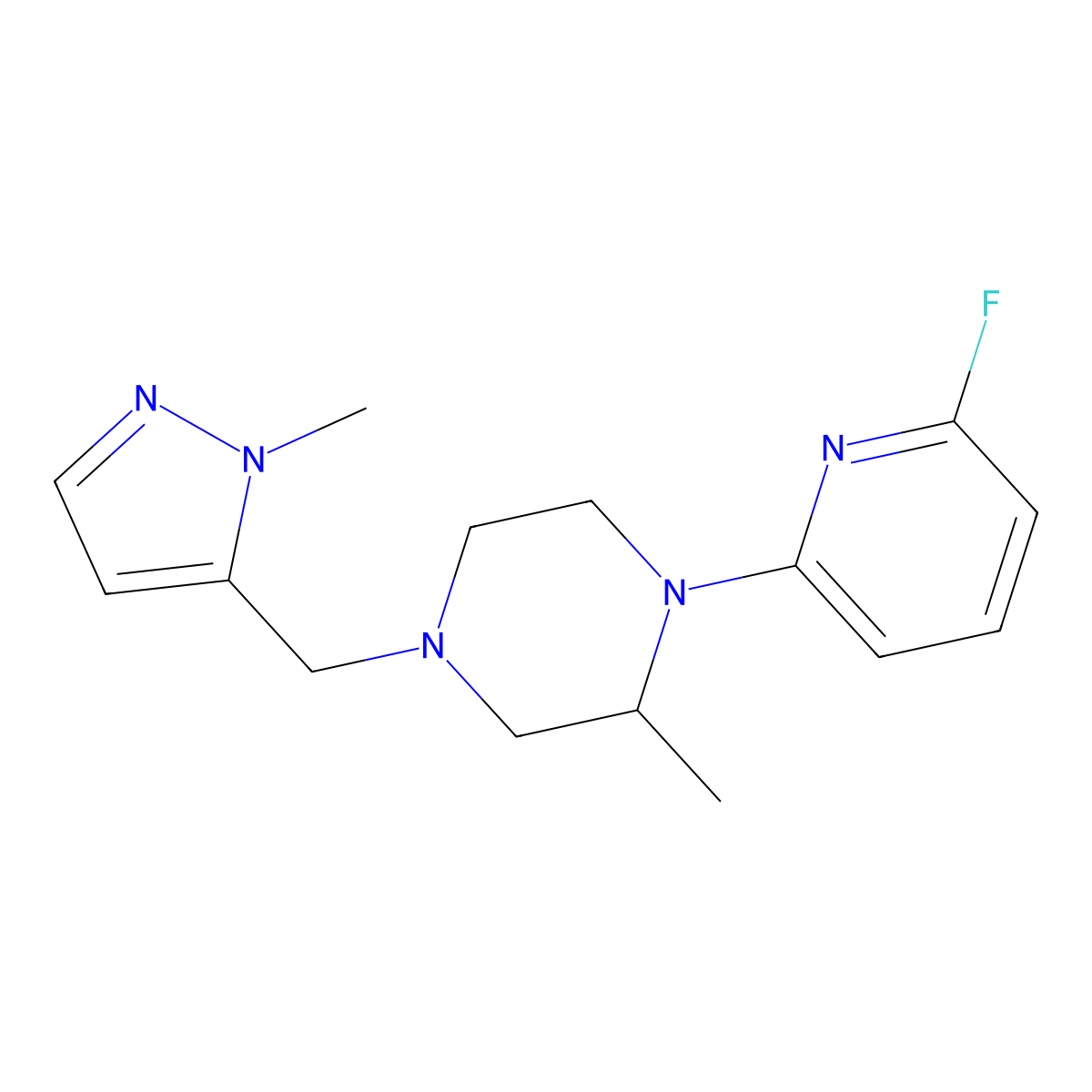 1-(6-fluoropyridin-2-yl)-2-methyl-4-[(1-methyl-1H-pyrazol-5-yl)methyl]piperazine molecular structure, CAS 3054535-48-4