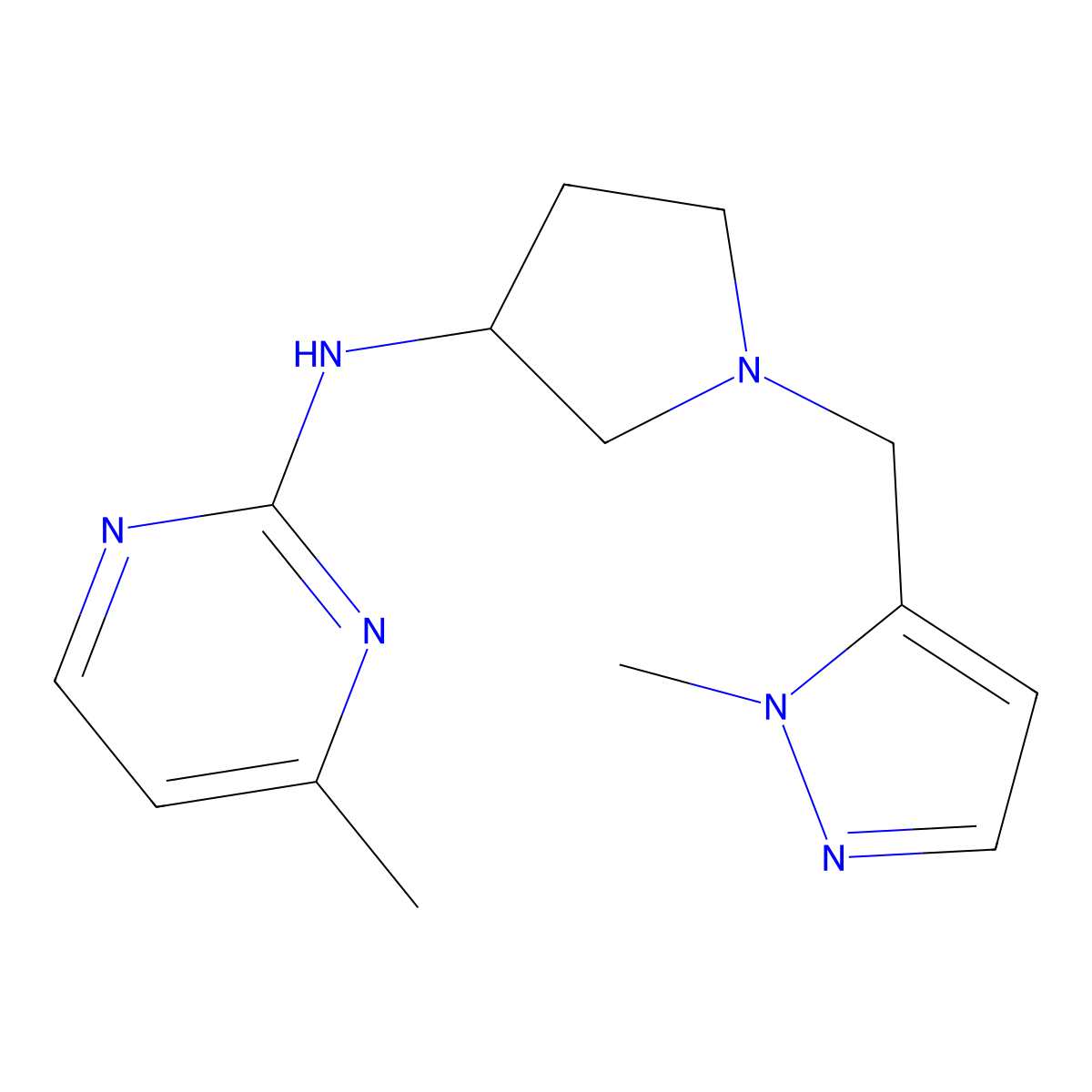4-methyl-N-{1-[(1-methyl-1H-pyrazol-5-yl)methyl]pyrrolidin-3-yl}pyrimidin-2-amine molecular structure, CAS 3054535-54-2