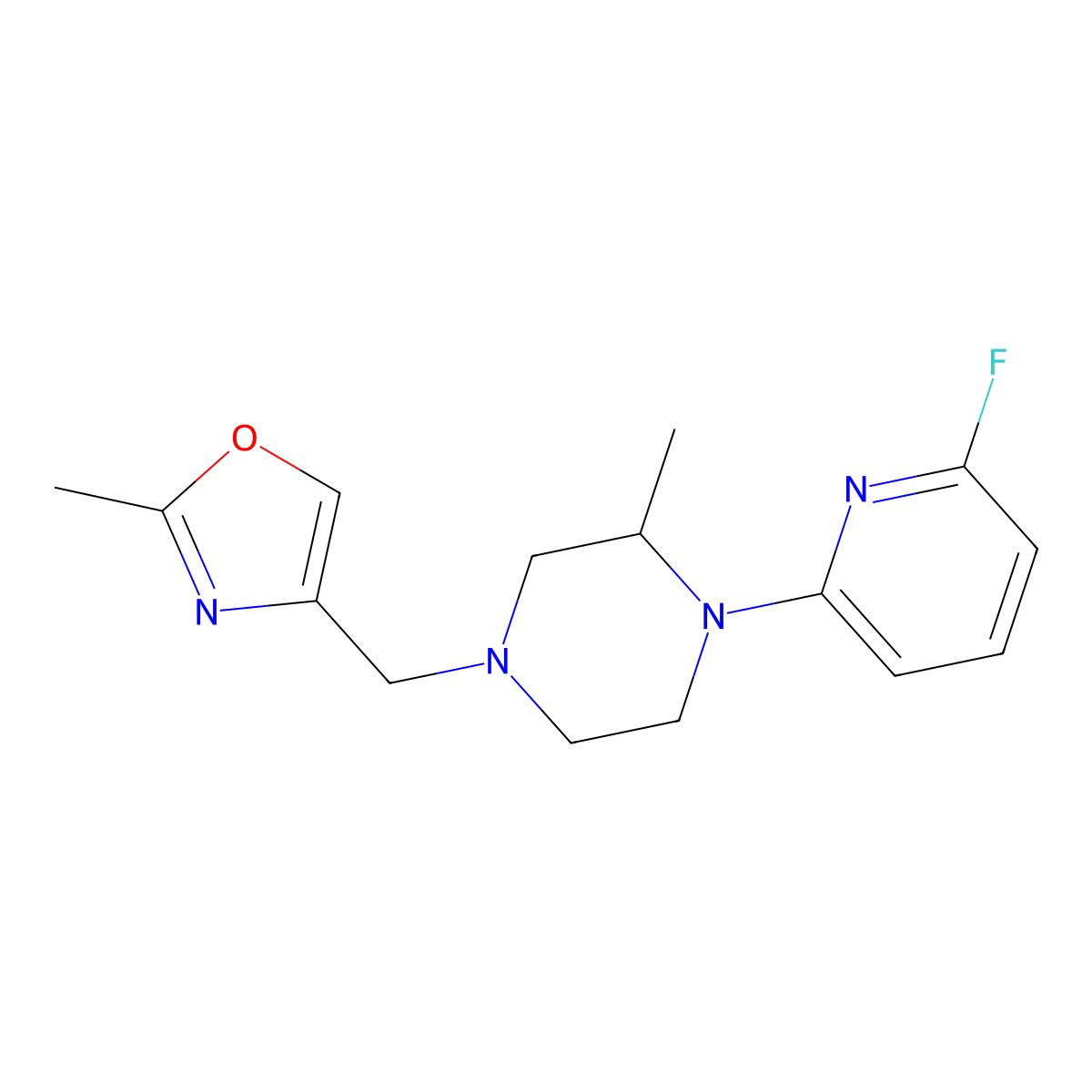1-(6-Fluoropyridin-2-yl)-2-methyl-4-[(2-methyl-1,3-oxazol-4-yl)methyl]piperazine molecular structure, CAS 3054535-57-5