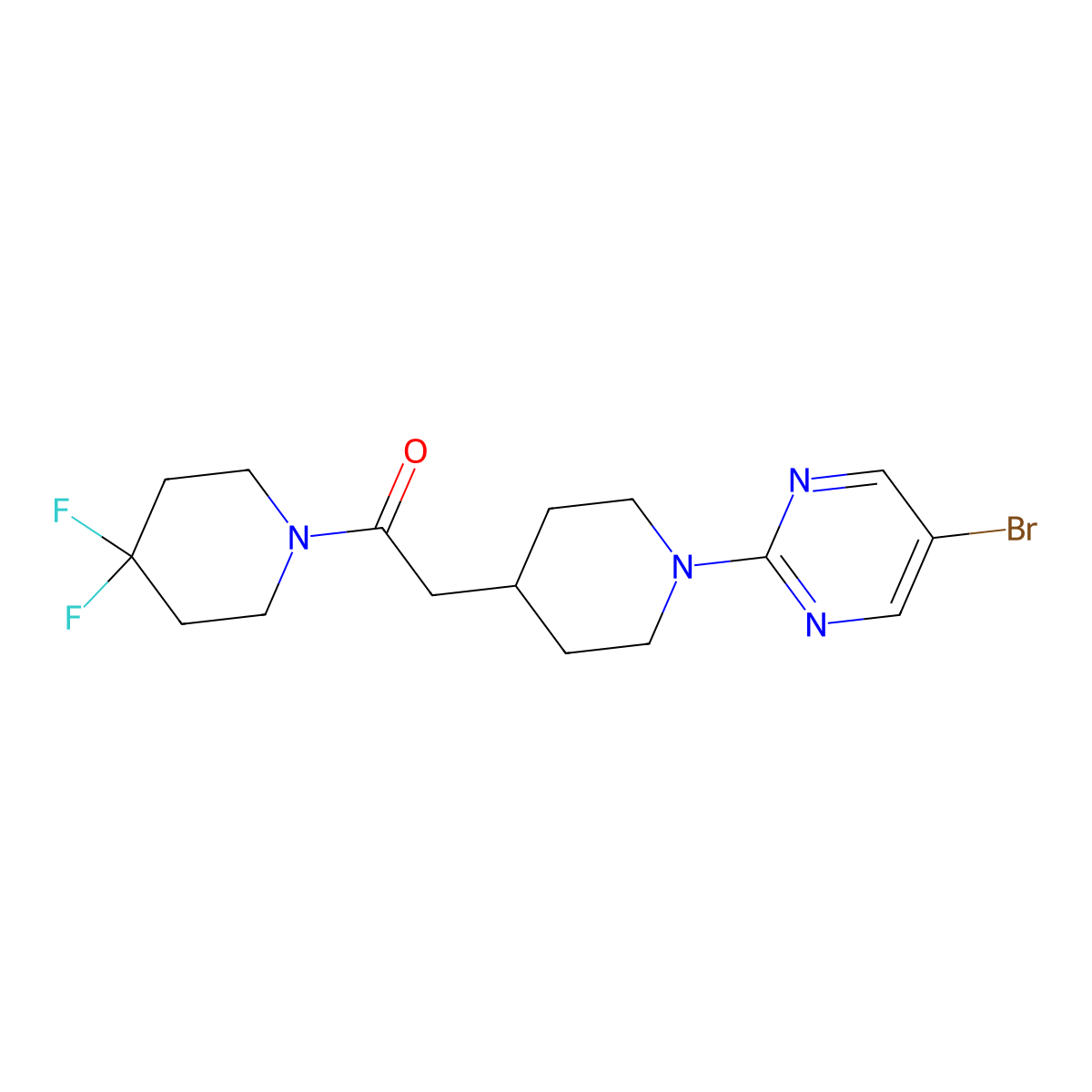 2-[1-(5-Bromopyrimidin-2-yl)piperidin-4-yl]-1-(4,4-difluoropiperidin-1-yl)ethan-1-one molecular structure, CAS 3054535-59-7