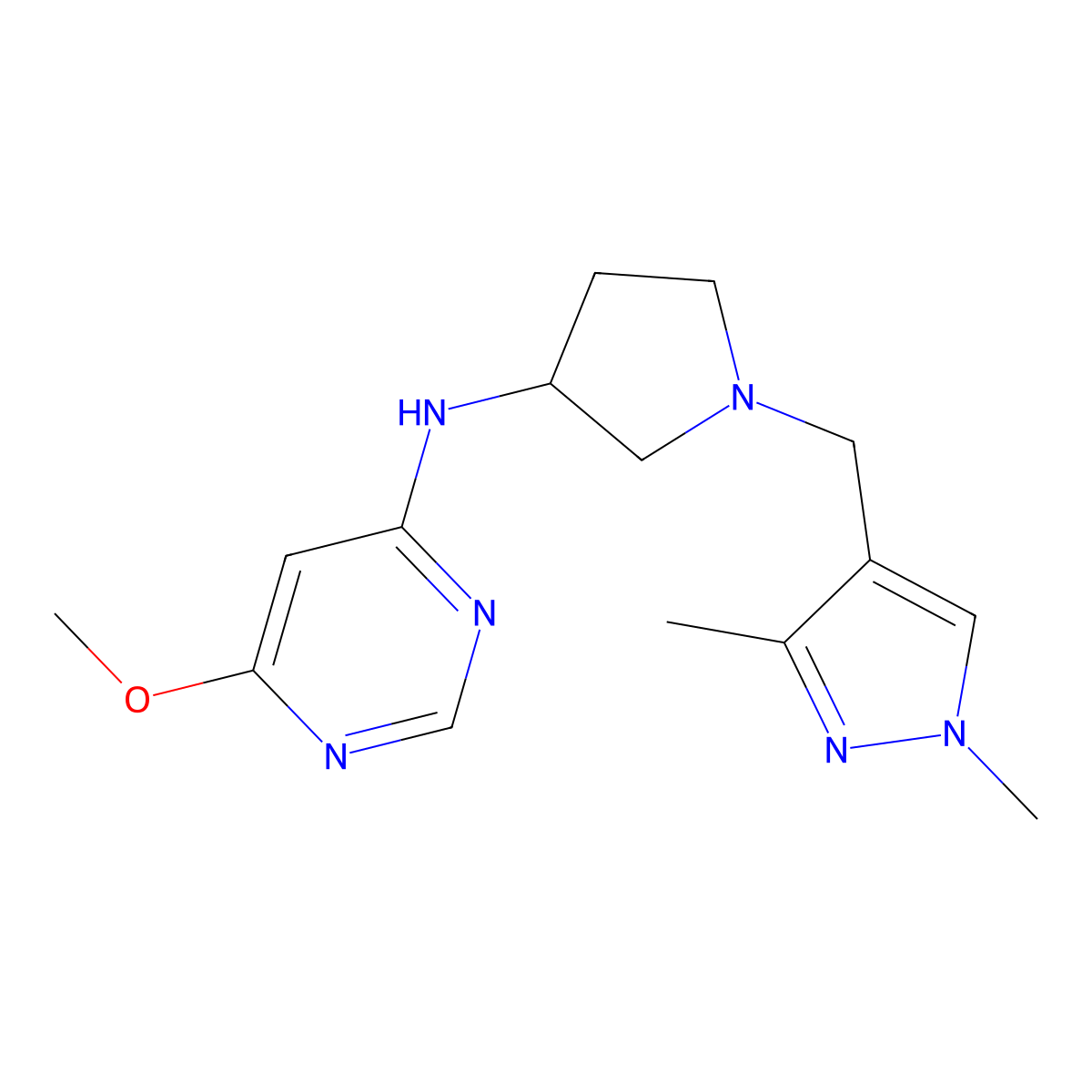 N-{1-[(1,3-dimethyl-1H-pyrazol-4-yl)methyl]pyrrolidin-3-yl}-6-methoxypyrimidin-4-amine molecular structure, CAS 3054535-61-1