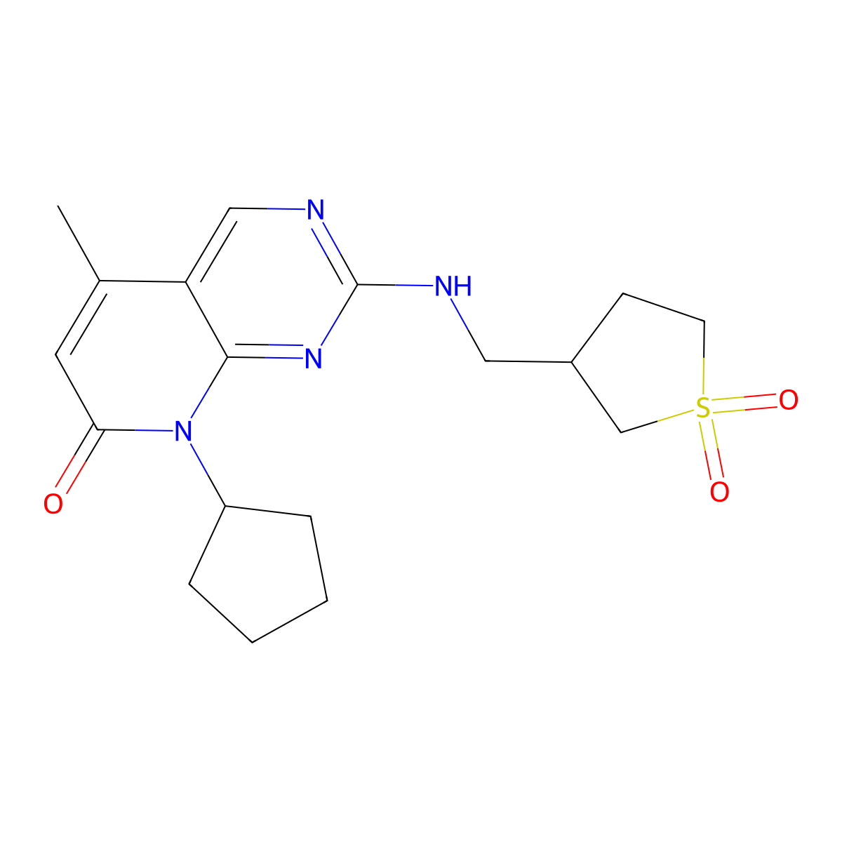 3-[({8-cyclopentyl-5-methyl-7-oxo-7H,8H-pyrido[2,3-d]pyrimidin-2-yl}amino)methyl]-1lambda-thiolane-1,1-dione molecular structure, CAS 3054535-64-4