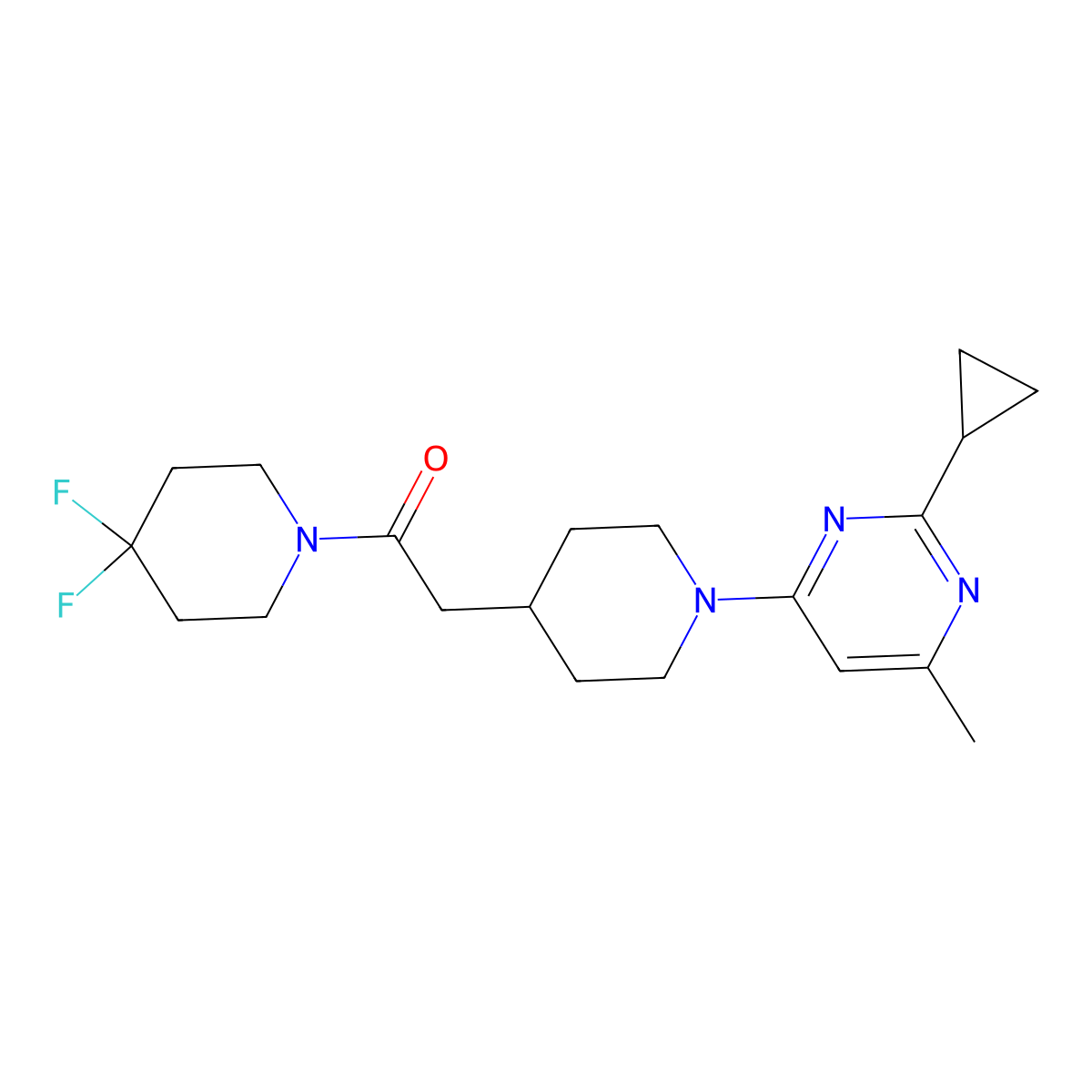 2-[1-(2-Cyclopropyl-6-methylpyrimidin-4-yl)piperidin-4-yl]-1-(4,4-difluoropiperidin-1-yl)ethan-1-one molecular structure, CAS 3054535-65-5