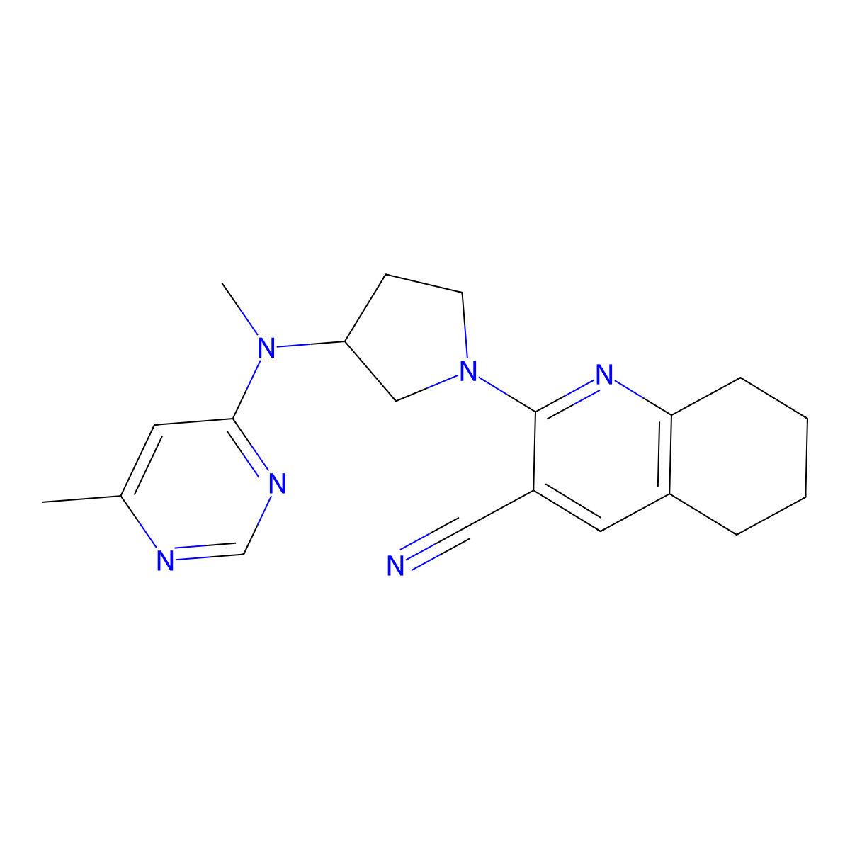 2-{3-[Methyl(6-methylpyrimidin-4-yl)amino]pyrrolidin-1-yl}-5,6,7,8-tetrahydroquinoline-3-carbonitrile molecular structure, CAS 3054535-68-8