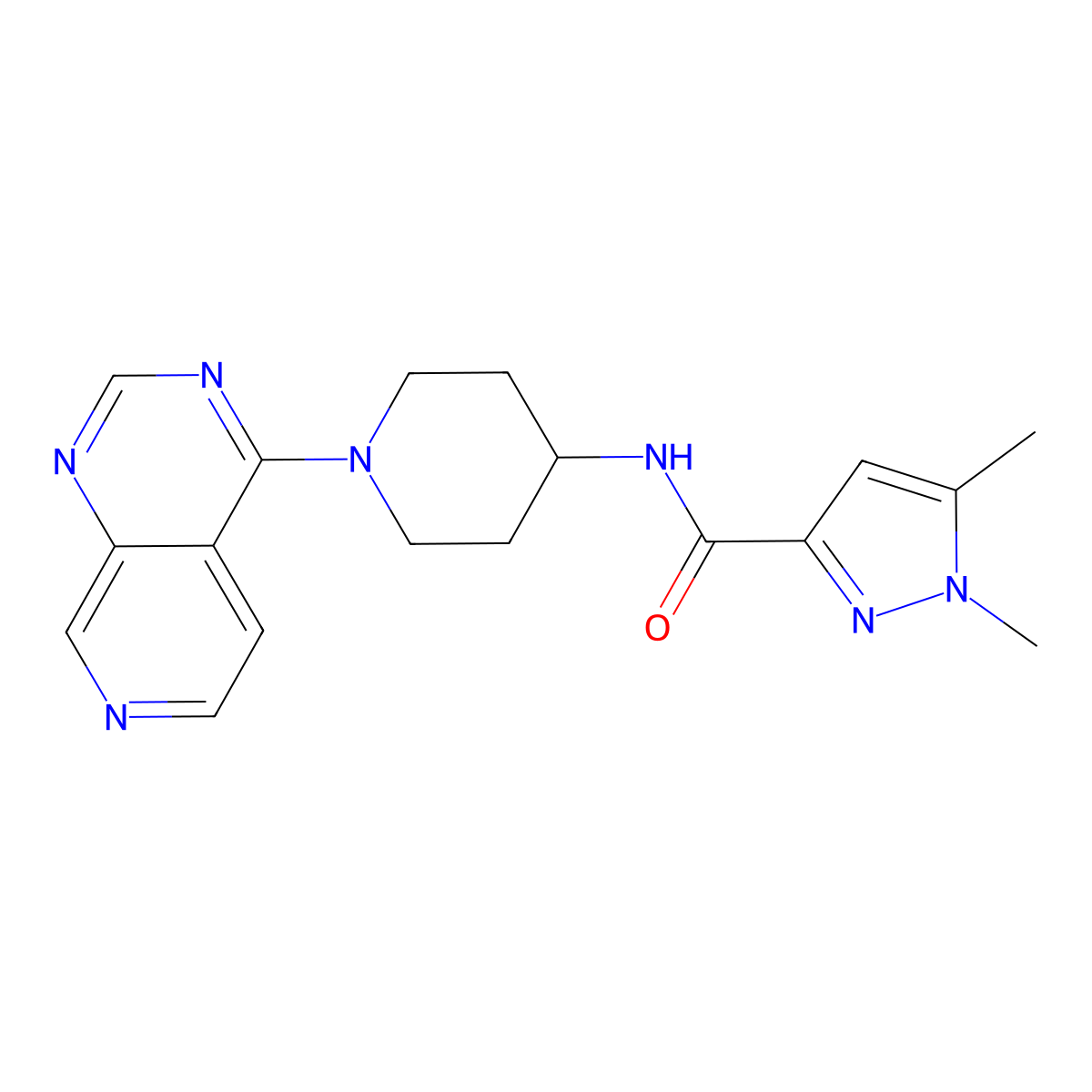 1,5-dimethyl-N-(1-{pyrido[3,4-d]pyrimidin-4-yl}piperidin-4-yl)-1H-pyrazole-3-carboxamide molecular structure, CAS 3054535-72-4
