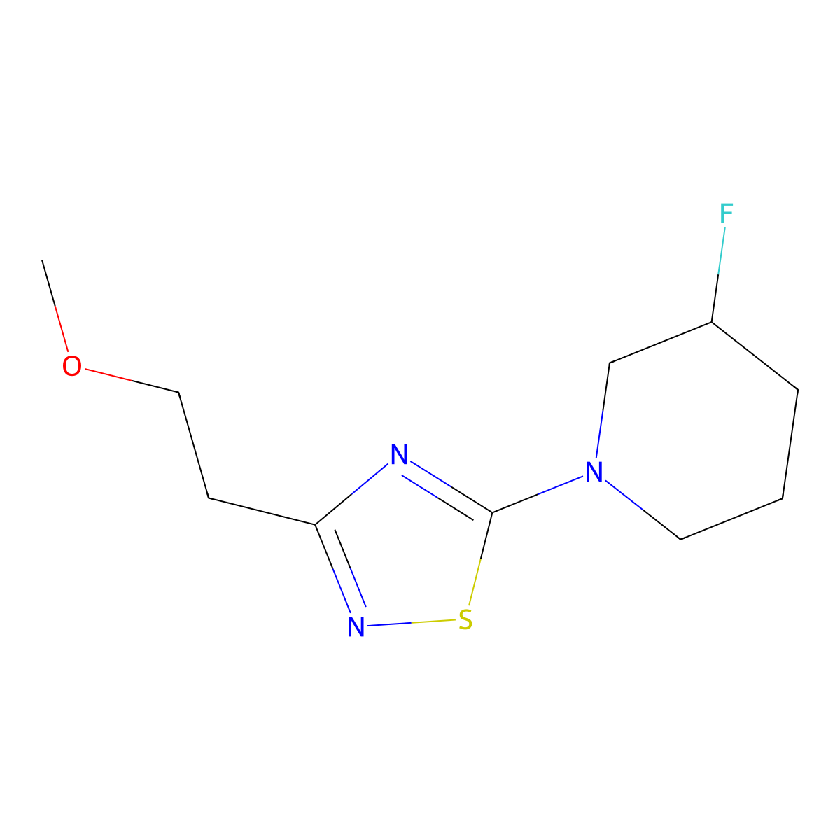 3-Fluoro-1-[3-(2-methoxyethyl)-1,2,4-thiadiazol-5-yl]piperidine molecular structure, CAS 3054535-75-7