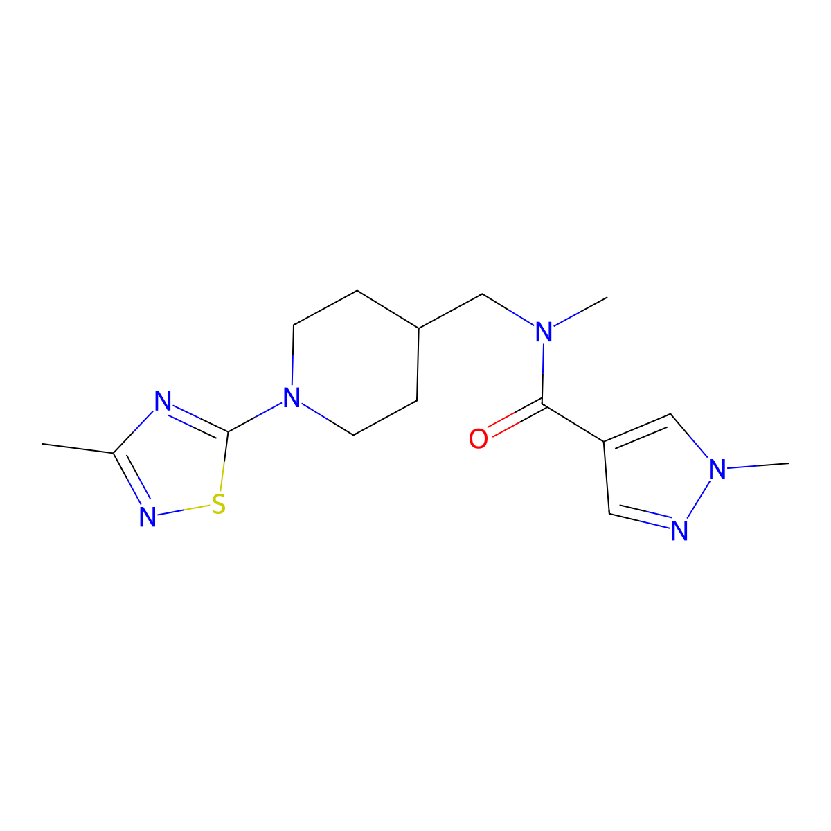 N,1-dimethyl-N-{[1-(3-methyl-1,2,4-thiadiazol-5-yl)piperidin-4-yl]methyl}-1H-pyrazole-4-carboxamide molecular structure, CAS 3054535-76-8