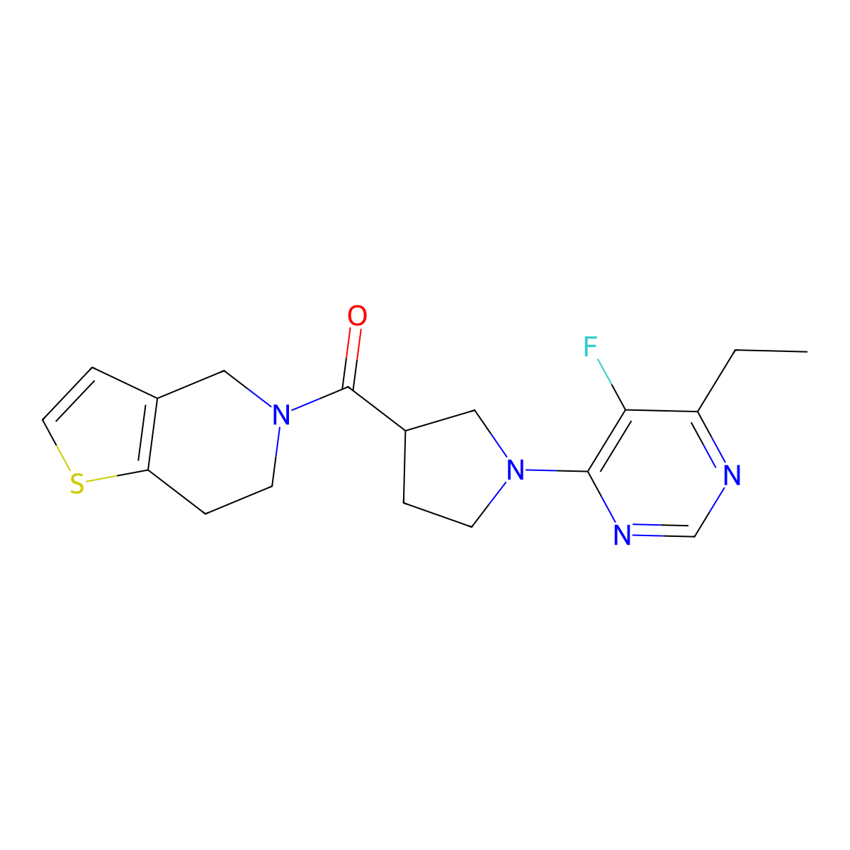 4-ethyl-5-fluoro-6-(3-{4H,5H,6H,7H-thieno[3,2-c]pyridine-5-carbonyl}pyrrolidin-1-yl)pyrimidine molecular structure, CAS 3054535-82-6