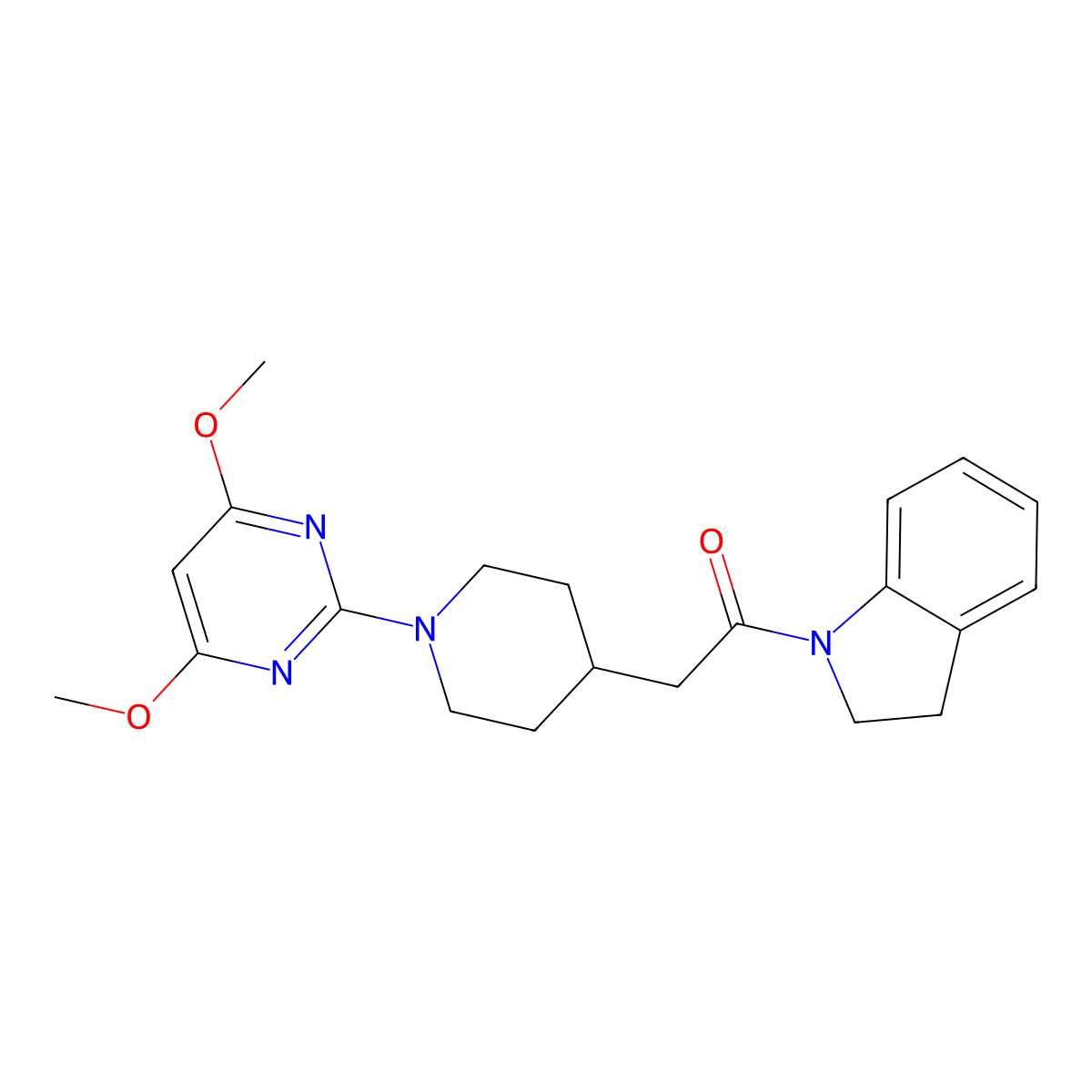 1-(2,3-dihydro-1H-indol-1-yl)-2-[1-(4,6-dimethoxypyrimidin-2-yl)piperidin-4-yl]ethan-1-one molecular structure, CAS 3054535-86-0