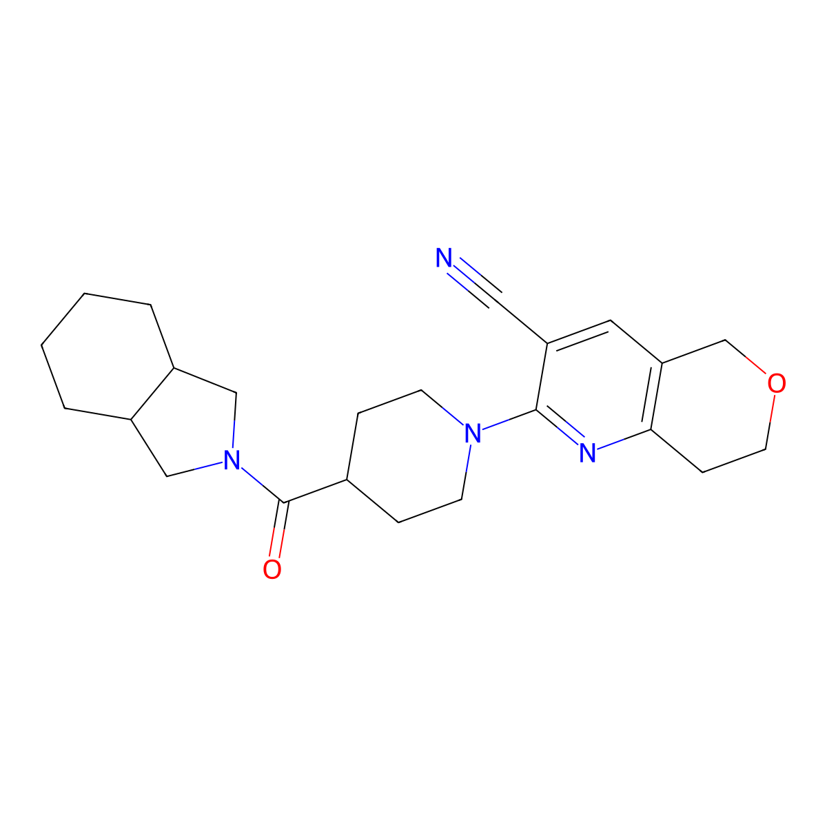 2-[4-(octahydro-1H-isoindole-2-carbonyl)piperidin-1-yl]-5H,7H,8H-pyrano[4,3-b]pyridine-3-carbonitrile molecular structure, CAS 3054535-90-6