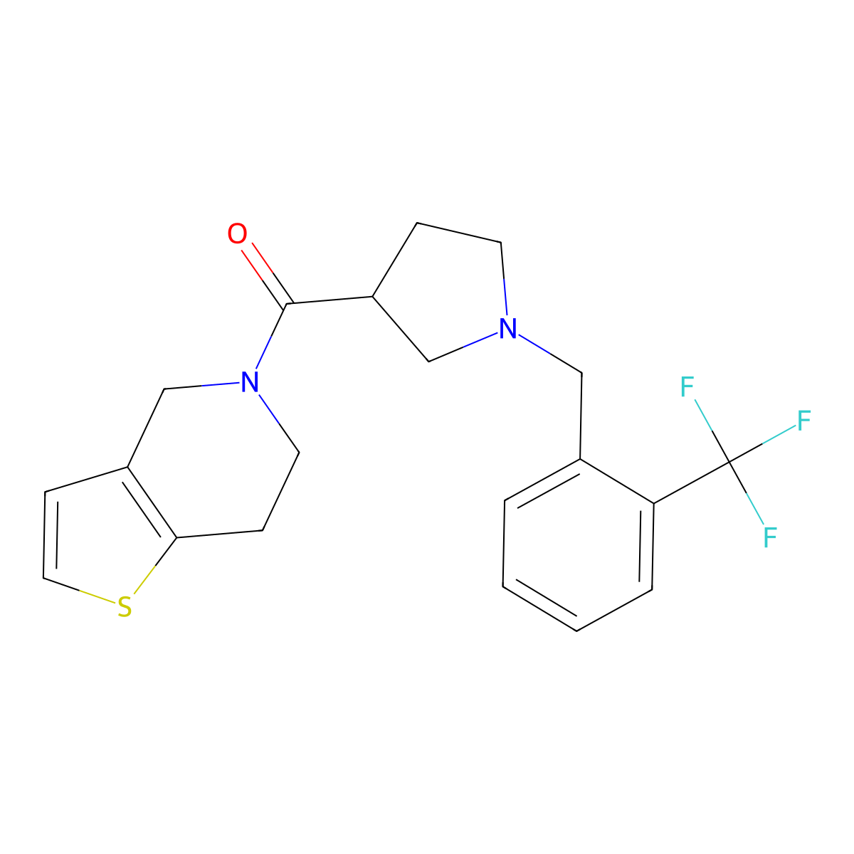 3-{4H,5H,6H,7H-thieno[3,2-c]pyridine-5-carbonyl}-1-{[2-(trifluoromethyl)phenyl]methyl}pyrrolidine molecular structure, CAS 3054535-91-7