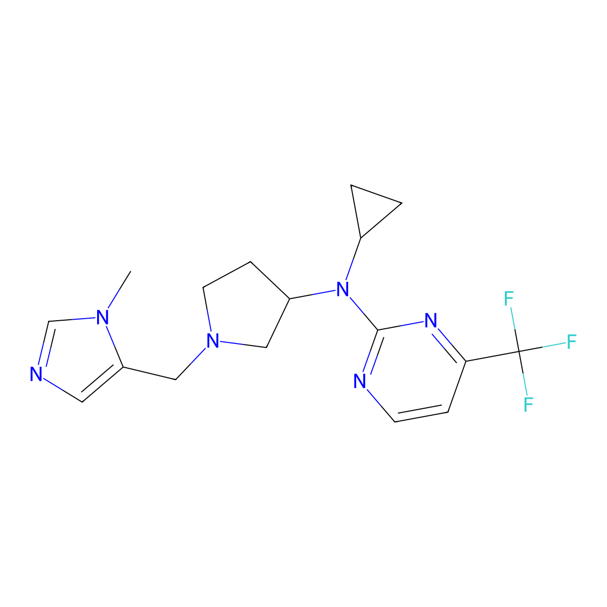 N-cyclopropyl-N-{1-[(1-methyl-1H-imidazol-5-yl)methyl]pyrrolidin-3-yl}-4-(trifluoromethyl)pyrimidin-2-amine molecular structure, CAS 3054535-93-9