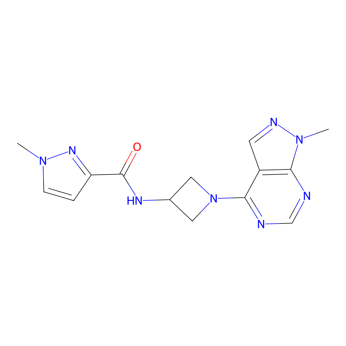 1-methyl-N-(1-{1-methyl-1H-pyrazolo[3,4-d]pyrimidin-4-yl}azetidin-3-yl)-1H-pyrazole-3-carboxamide molecular structure, CAS 3054535-95-1