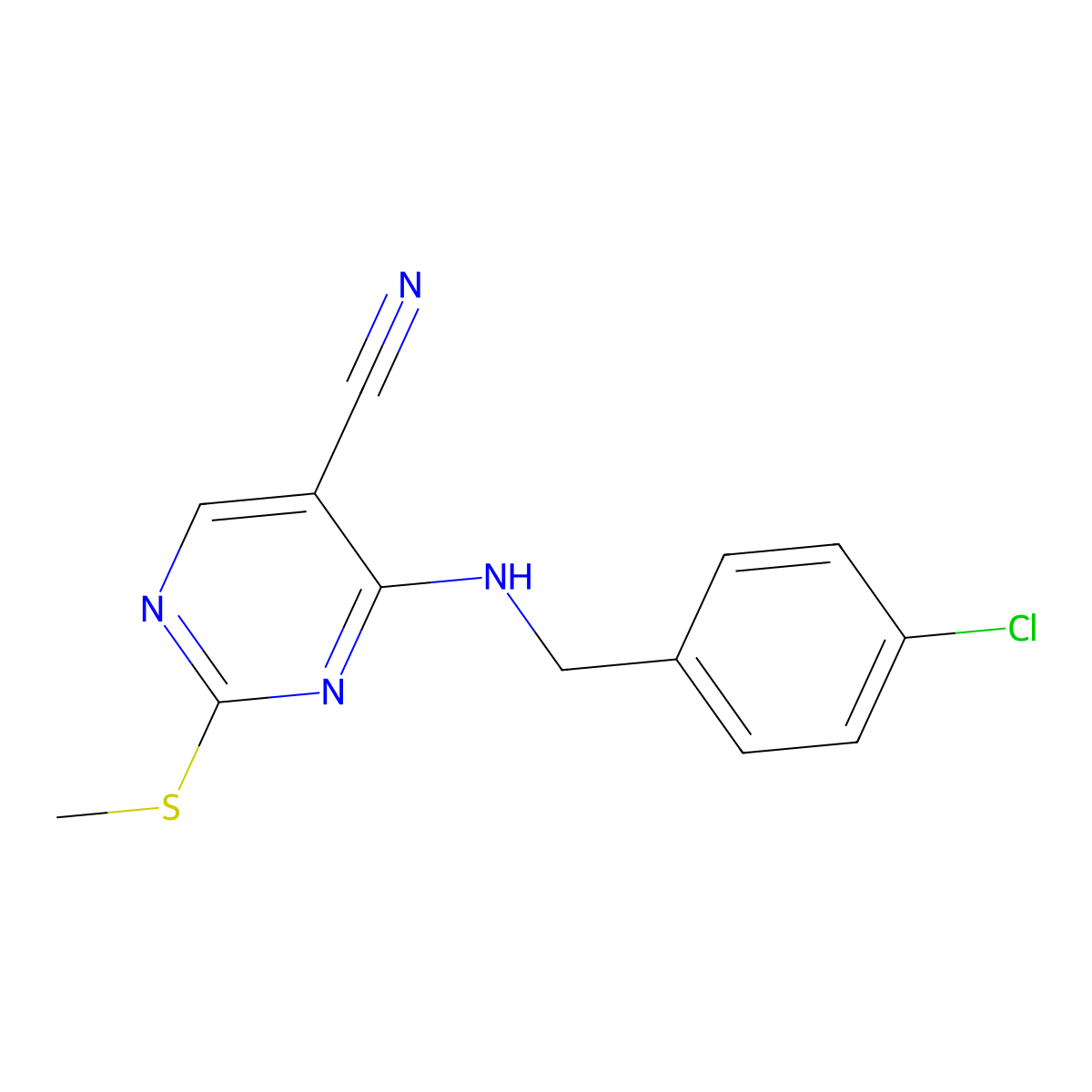 4-{[(4-Chlorophenyl)methyl]amino}-2-(methylsulfanyl)pyrimidine-5-carbonitrile molecular structure, CAS 3054535-96-2