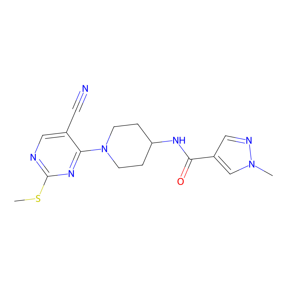 N-{1-[5-cyano-2-(methylsulfanyl)pyrimidin-4-yl]piperidin-4-yl}-1-methyl-1H-pyrazole-4-carboxamide molecular structure, CAS 3054535-97-3