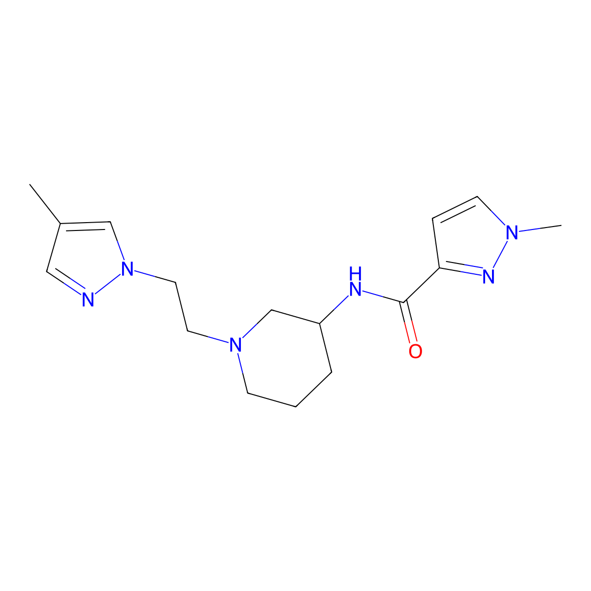 1-methyl-N-{1-[2-(4-methyl-1H-pyrazol-1-yl)ethyl]piperidin-3-yl}-1H-pyrazole-3-carboxamide molecular structure, CAS 3054536-03-4