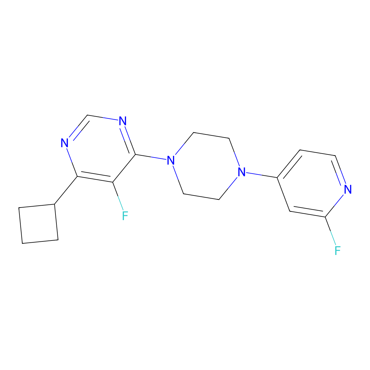 4-Cyclobutyl-5-fluoro-6-[4-(2-fluoropyridin-4-yl)piperazin-1-yl]pyrimidine molecular structure, CAS 3054536-10-3