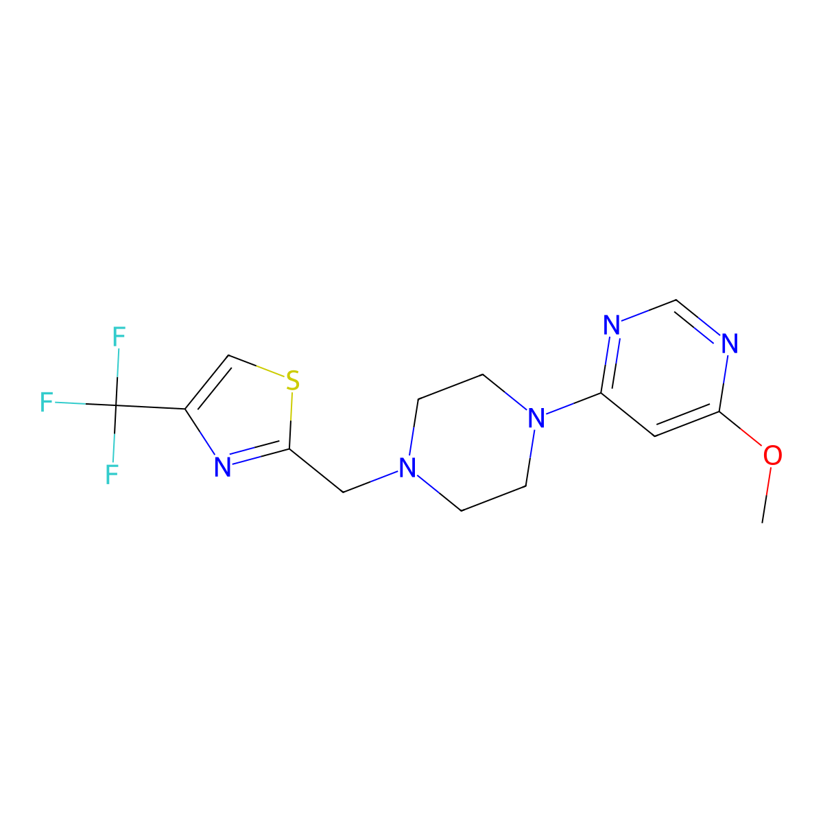 4-Methoxy-6-(4-{[4-(trifluoromethyl)-1,3-thiazol-2-yl]methyl}piperazin-1-yl)pyrimidine molecular structure, CAS 3054536-11-4
