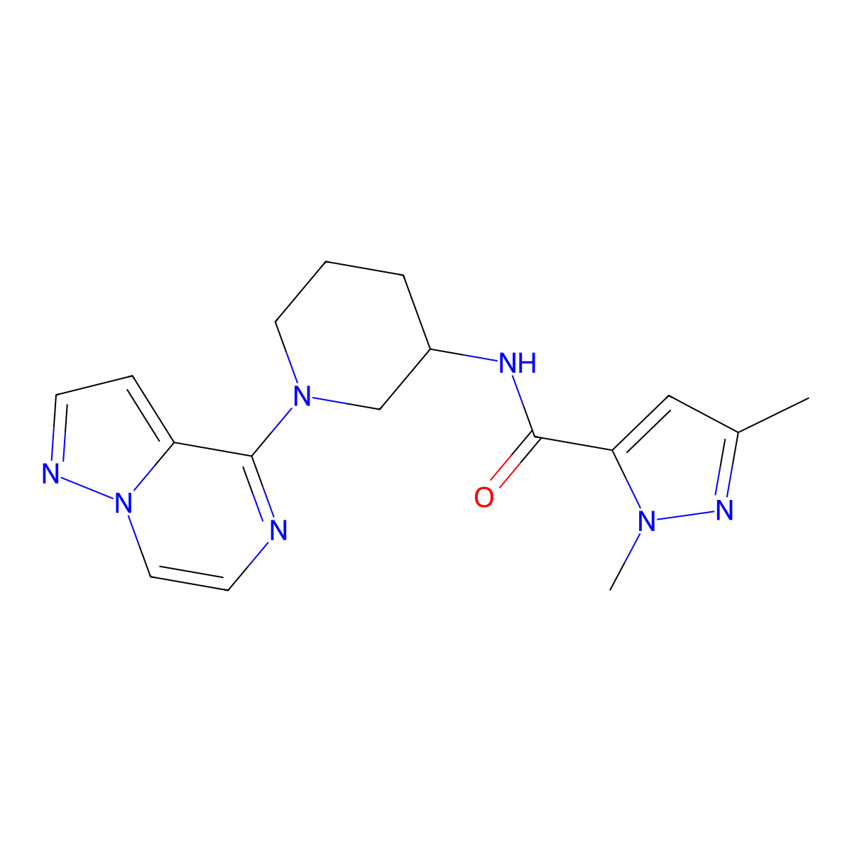 1,3-dimethyl-N-(1-{pyrazolo[1,5-a]pyrazin-4-yl}piperidin-3-yl)-1H-pyrazole-5-carboxamide molecular structure, CAS 3054536-14-7