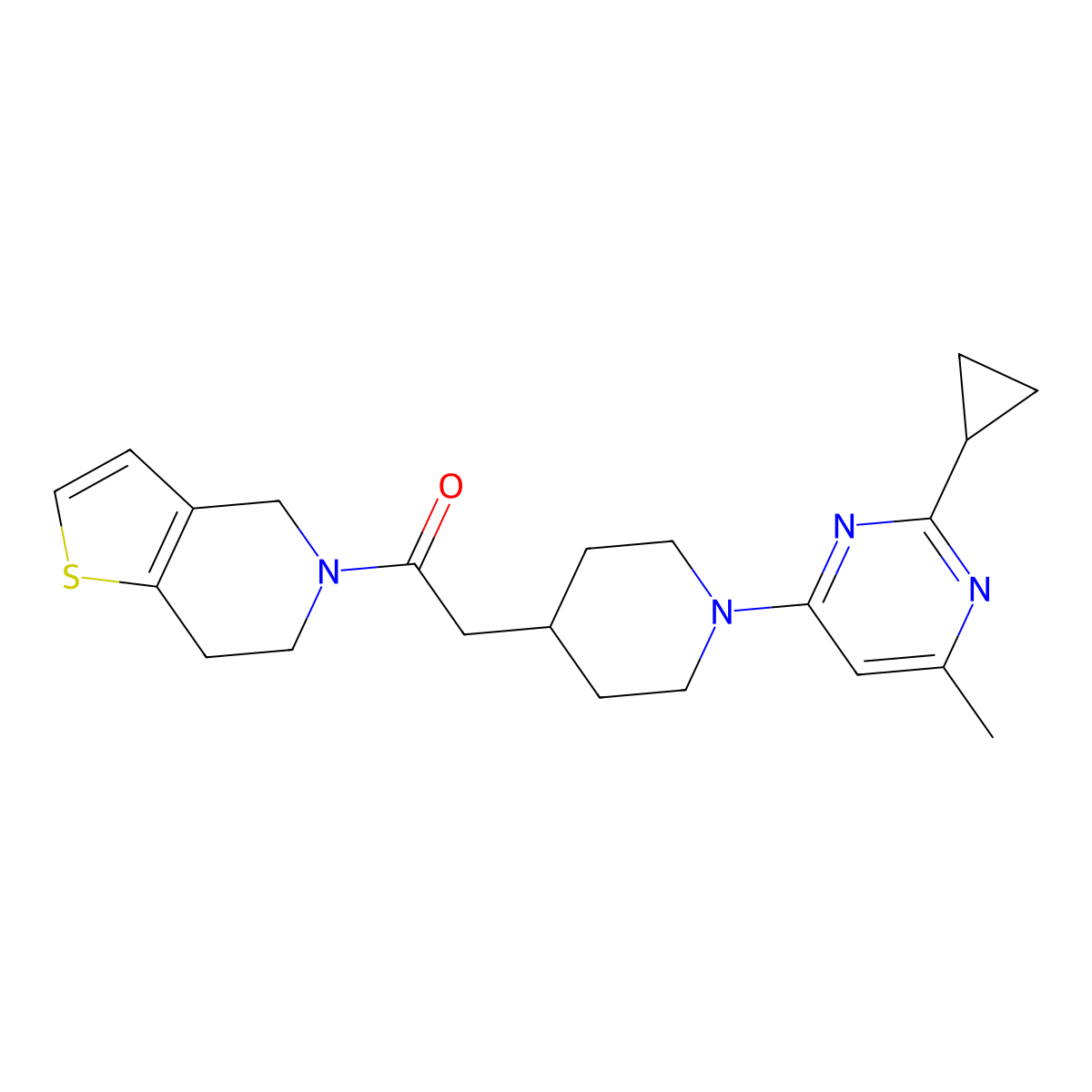 2-[1-(2-cyclopropyl-6-methylpyrimidin-4-yl)piperidin-4-yl]-1-{4H,5H,6H,7H-thieno[3,2-c]pyridin-5-yl}ethan-1-one molecular structure, CAS 3054536-15-8
