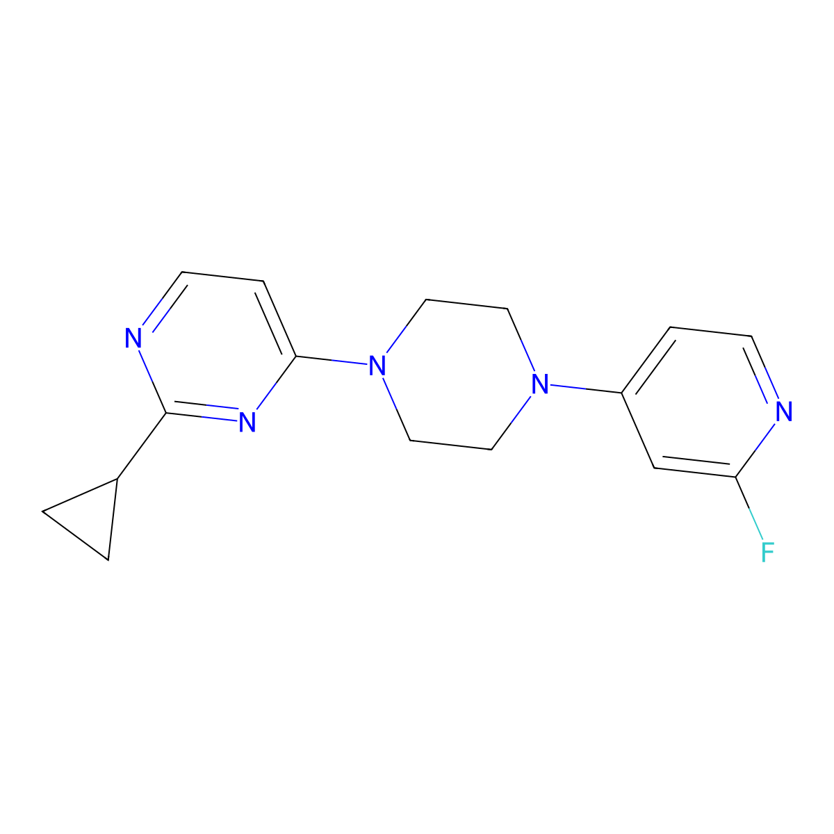 2-Cyclopropyl-4-[4-(2-fluoropyridin-4-yl)piperazin-1-yl]pyrimidine molecular structure, CAS 3054536-16-9