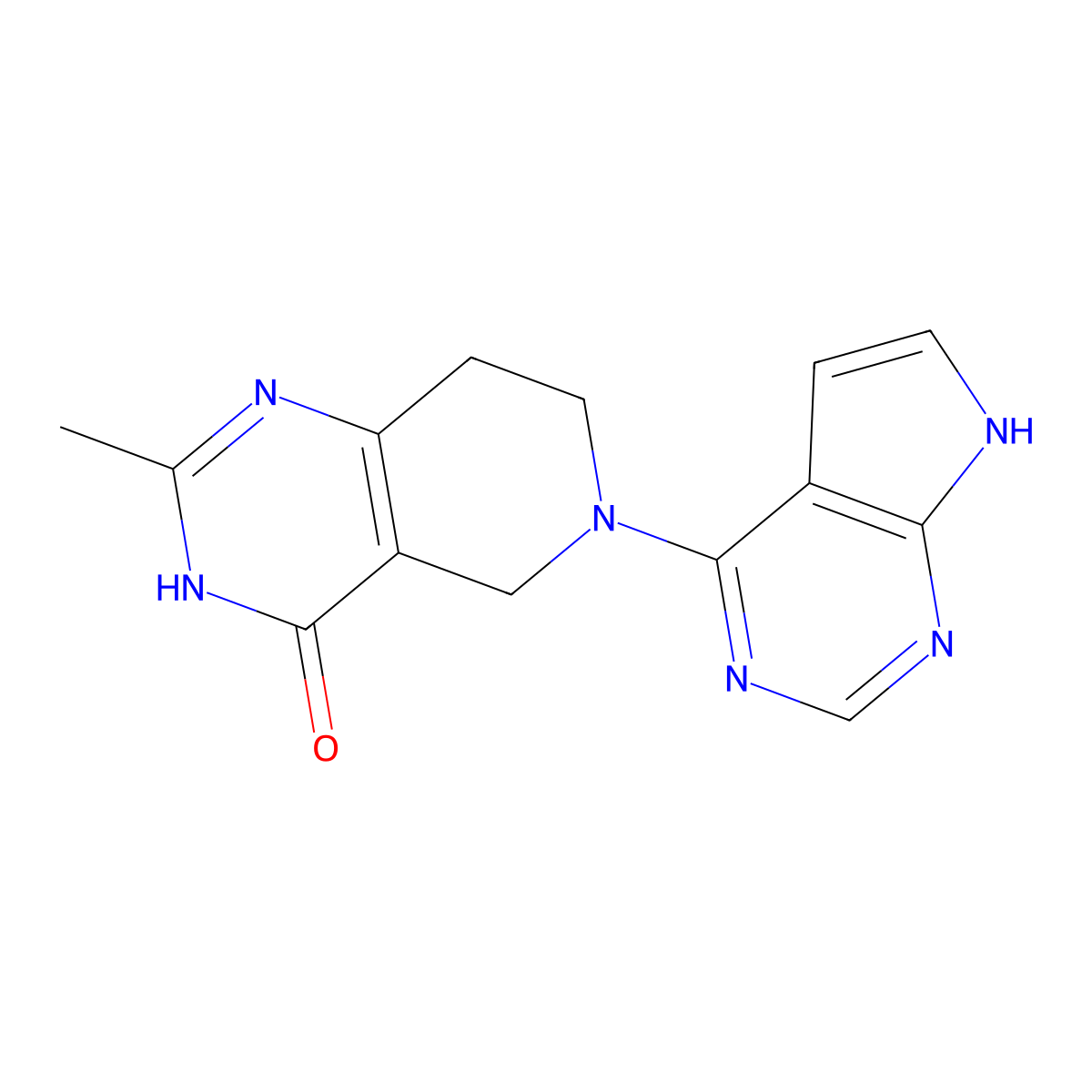 2-methyl-6-{7H-pyrrolo[2,3-d]pyrimidin-4-yl}-3H,4H,5H,6H,7H,8H-pyrido[4,3-d]pyrimidin-4-one molecular structure, CAS 3054536-20-5