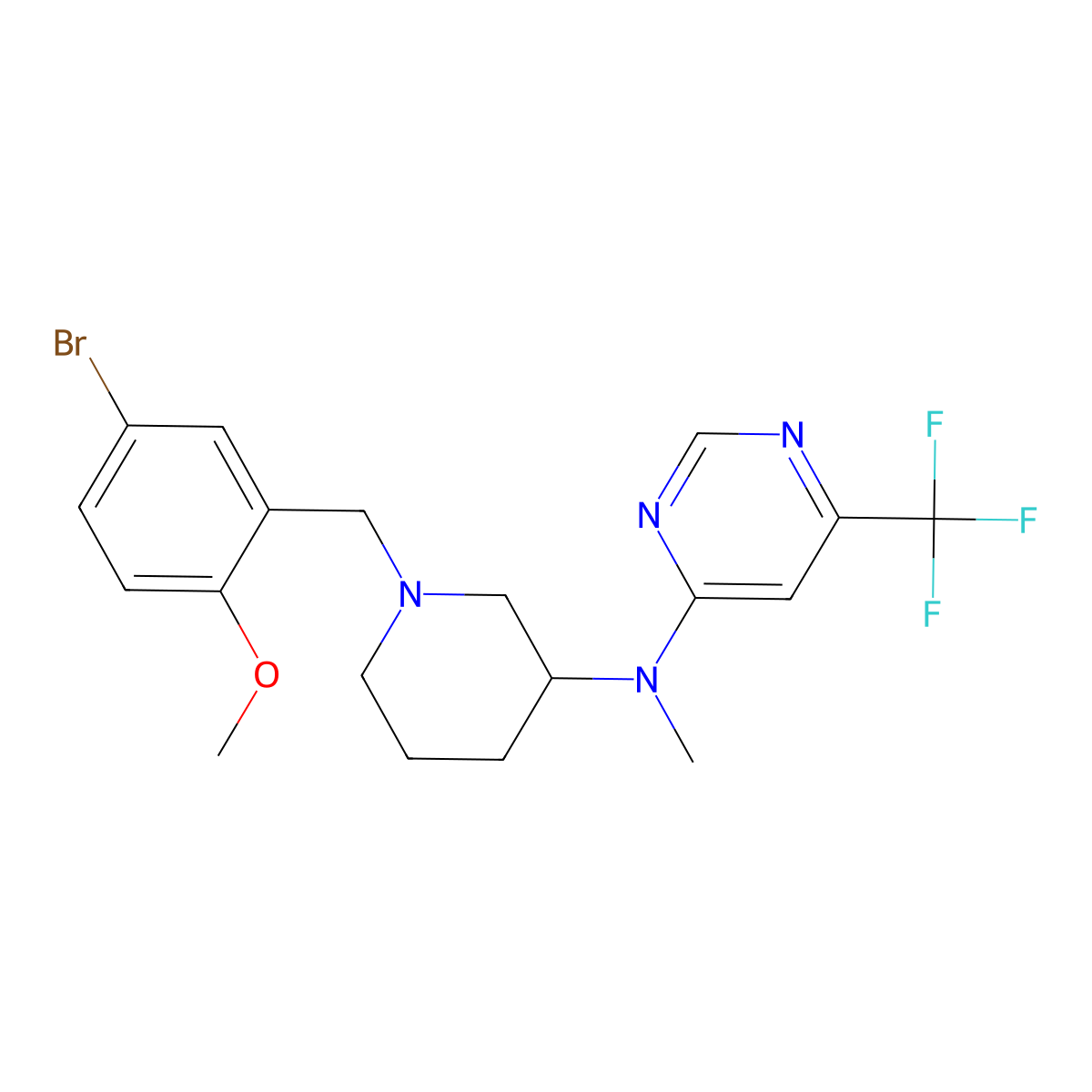 N-[1-[(5-bromo-2-methoxyphenyl)methyl]piperidin-3-yl]N-methyl-6-(trifluoromethyl)pyrimidin-4-amine molecular structure, CAS 3054536-21-6