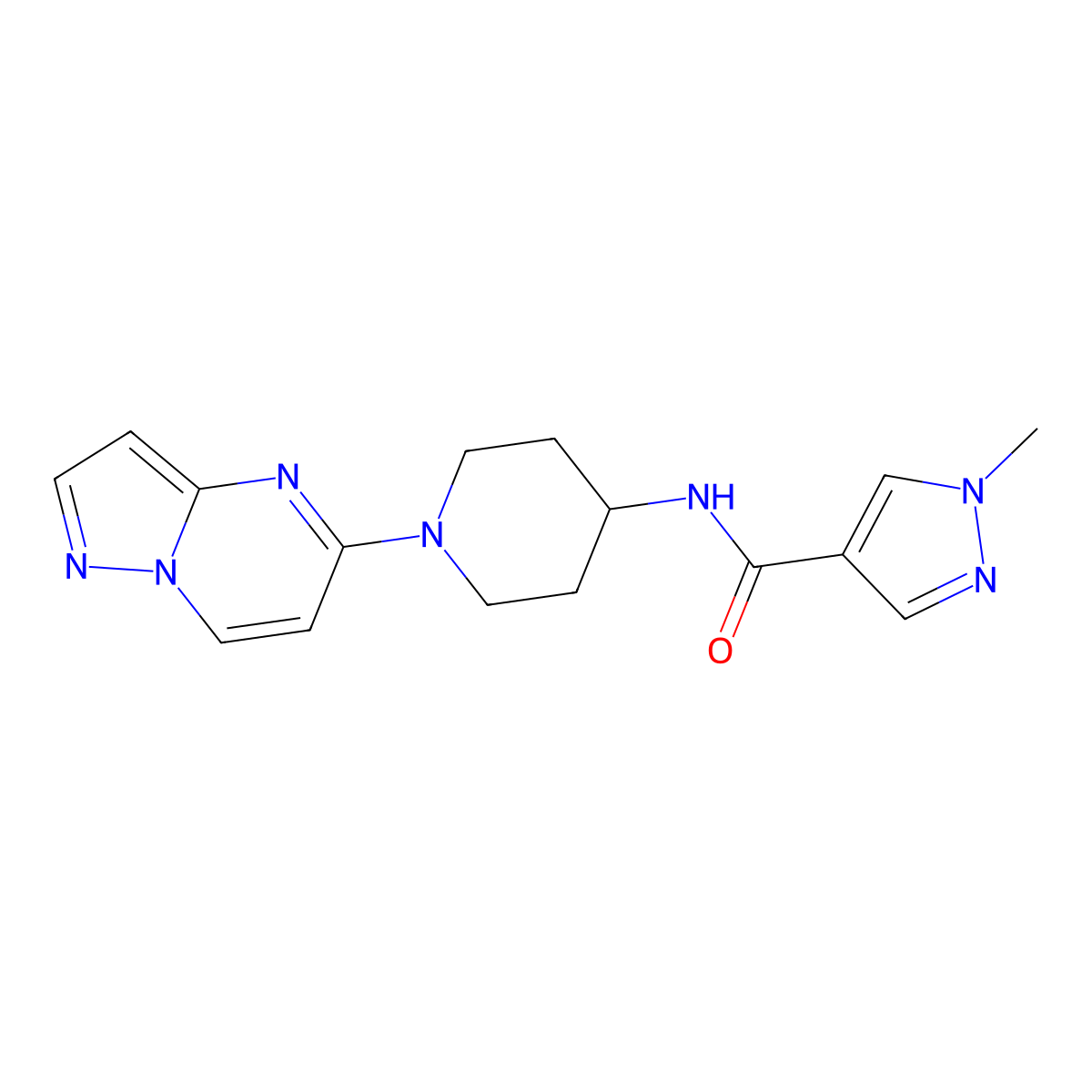 1-methyl-N-(1-{pyrazolo[1,5-a]pyrimidin-5-yl}piperidin-4-yl)-1H-pyrazole-4-carboxamide molecular structure, CAS 3054536-25-0