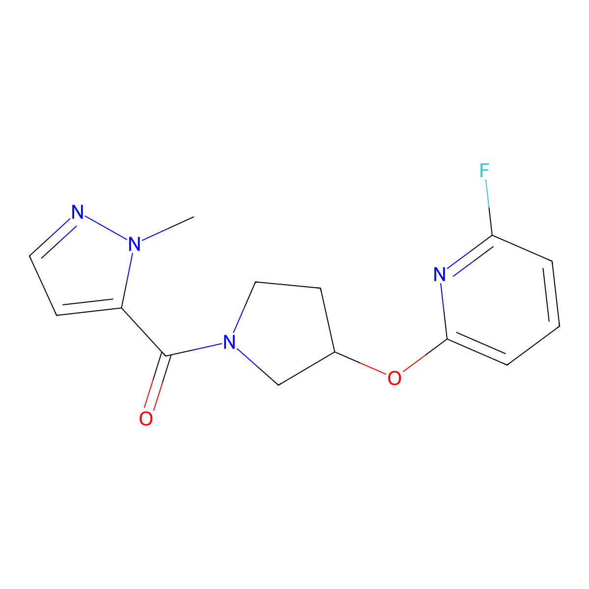 2-fluoro-6-{[1-(1-methyl-1H-pyrazole-5-carbonyl)pyrrolidin-3-yl]oxy}pyridine molecular structure, CAS 3054536-26-1