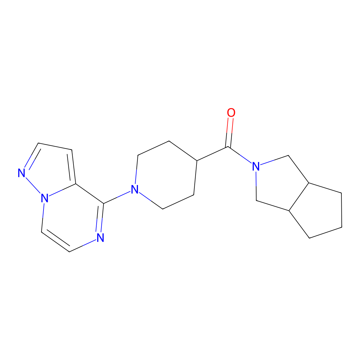 4-{Octahydrocyclopenta[c]pyrrole-2-carbonyl}-1-{pyrazolo[1,5-a]pyrazin-4-yl}piperidine molecular structure, CAS 3054536-28-3