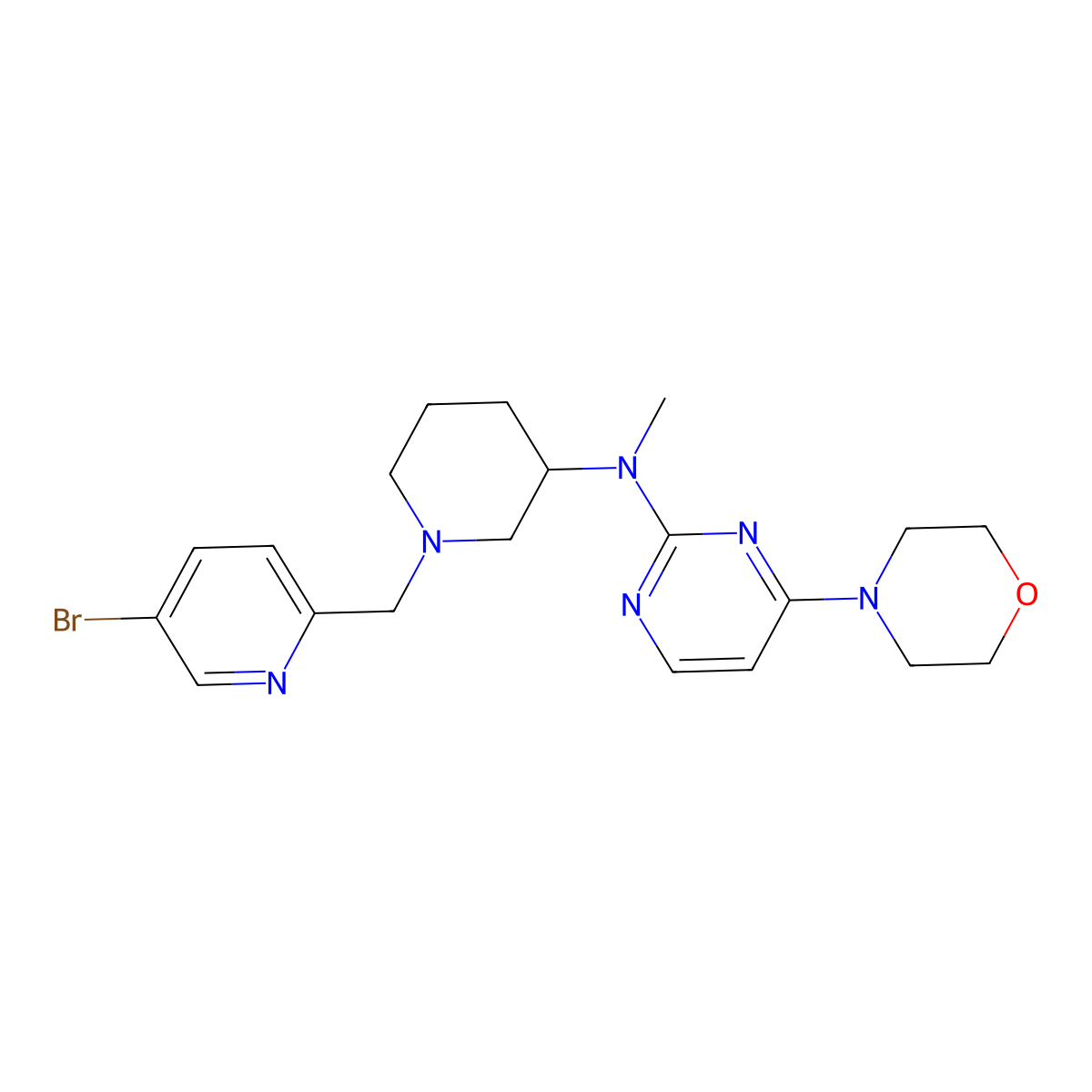 N-{1-[(5-bromopyridin-2-yl)methyl]piperidin-3-yl}-N-methyl-4-(morpholin-4-yl)pyrimidin-2-amine molecular structure, CAS 3054536-37-4