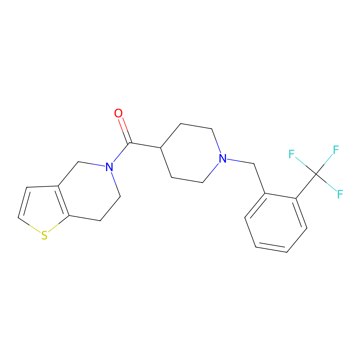 4-{4H,5H,6H,7H-thieno[3,2-c]pyridine-5-carbonyl}-1-{[2-(trifluoromethyl)phenyl]methyl}piperidine molecular structure, CAS 3054536-45-4