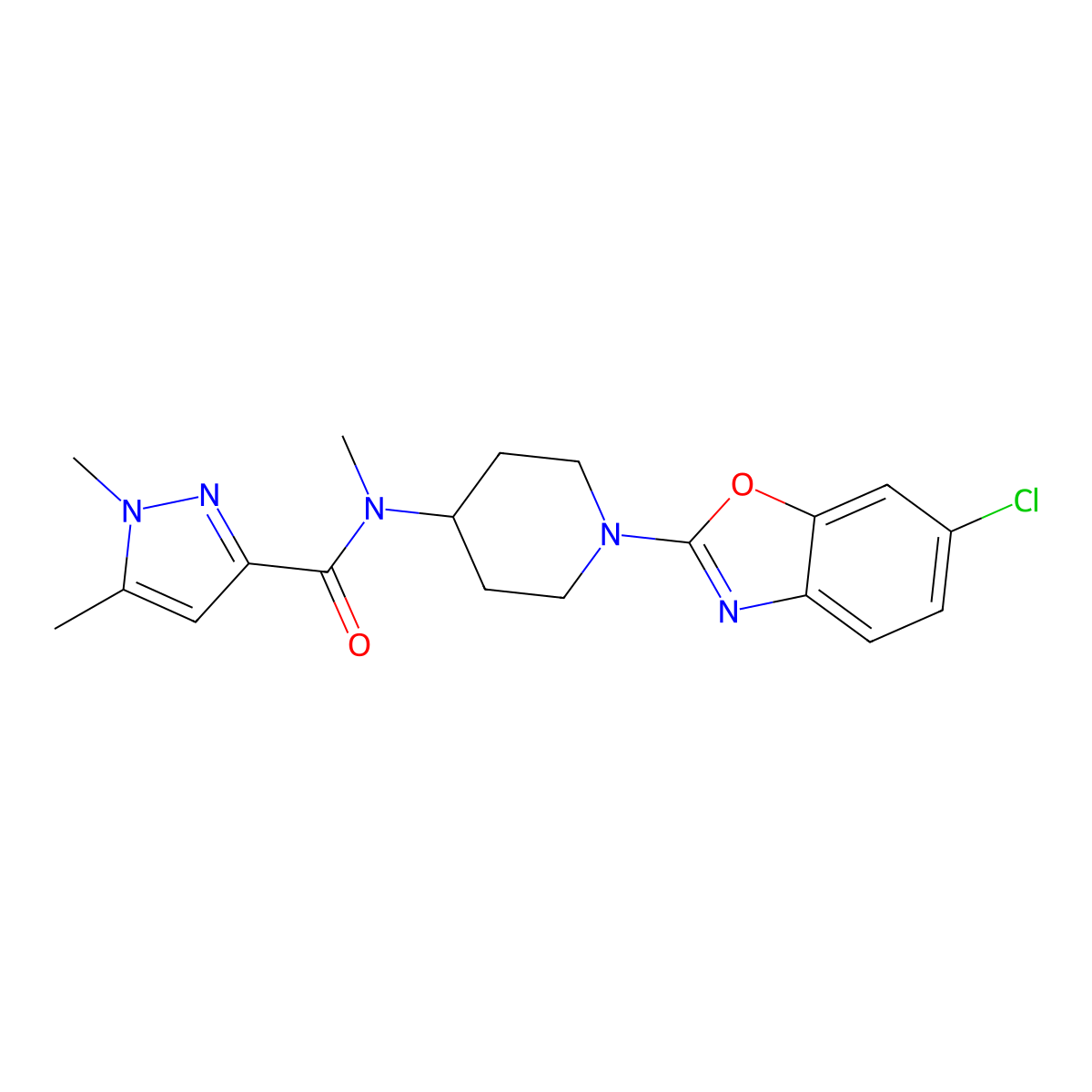 N-[1-(6-chloro-1,3-benzoxazol-2-yl)piperidin-4-yl]-N,1,5-trimethyl-1H-pyrazole-3-carboxamide molecular structure, CAS 3054536-51-2