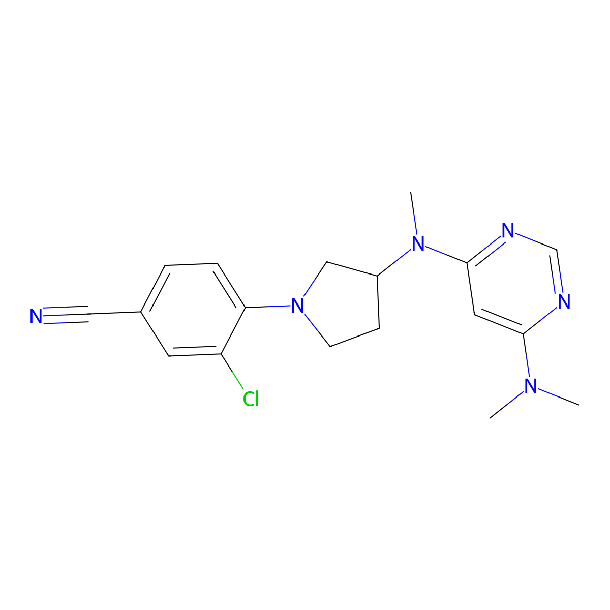 3-Chloro-4-(3-{[6-(dimethylamino)pyrimidin-4-yl](methyl)amino}pyrrolidin-1-yl)benzonitrile molecular structure, CAS 3054536-63-6