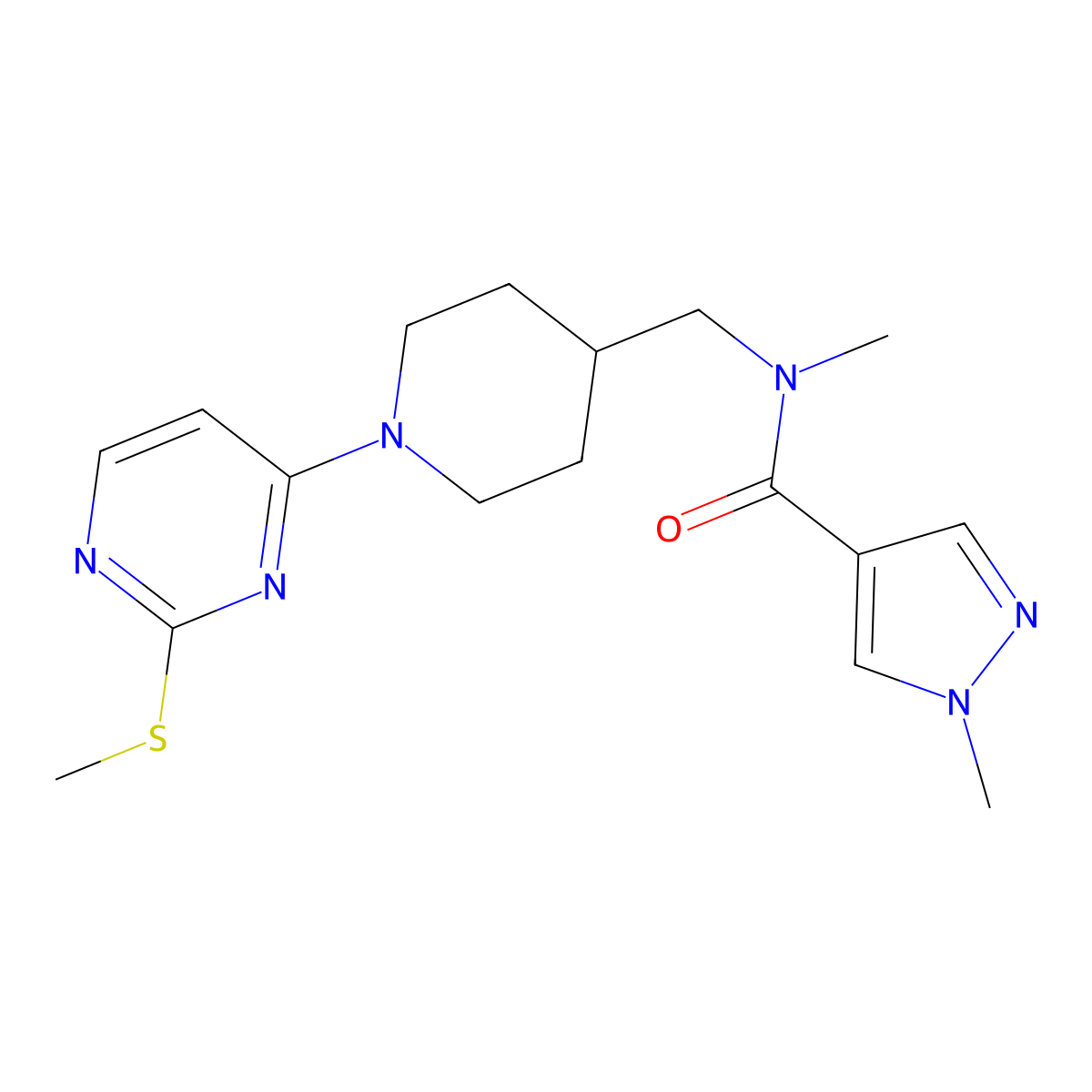 N,1-dimethyl-N-({1-[2-(methylsulfanyl)pyrimidin-4-yl]piperidin-4-yl}methyl)-1H-pyrazole-4-carboxamide molecular structure, CAS 3054536-65-8