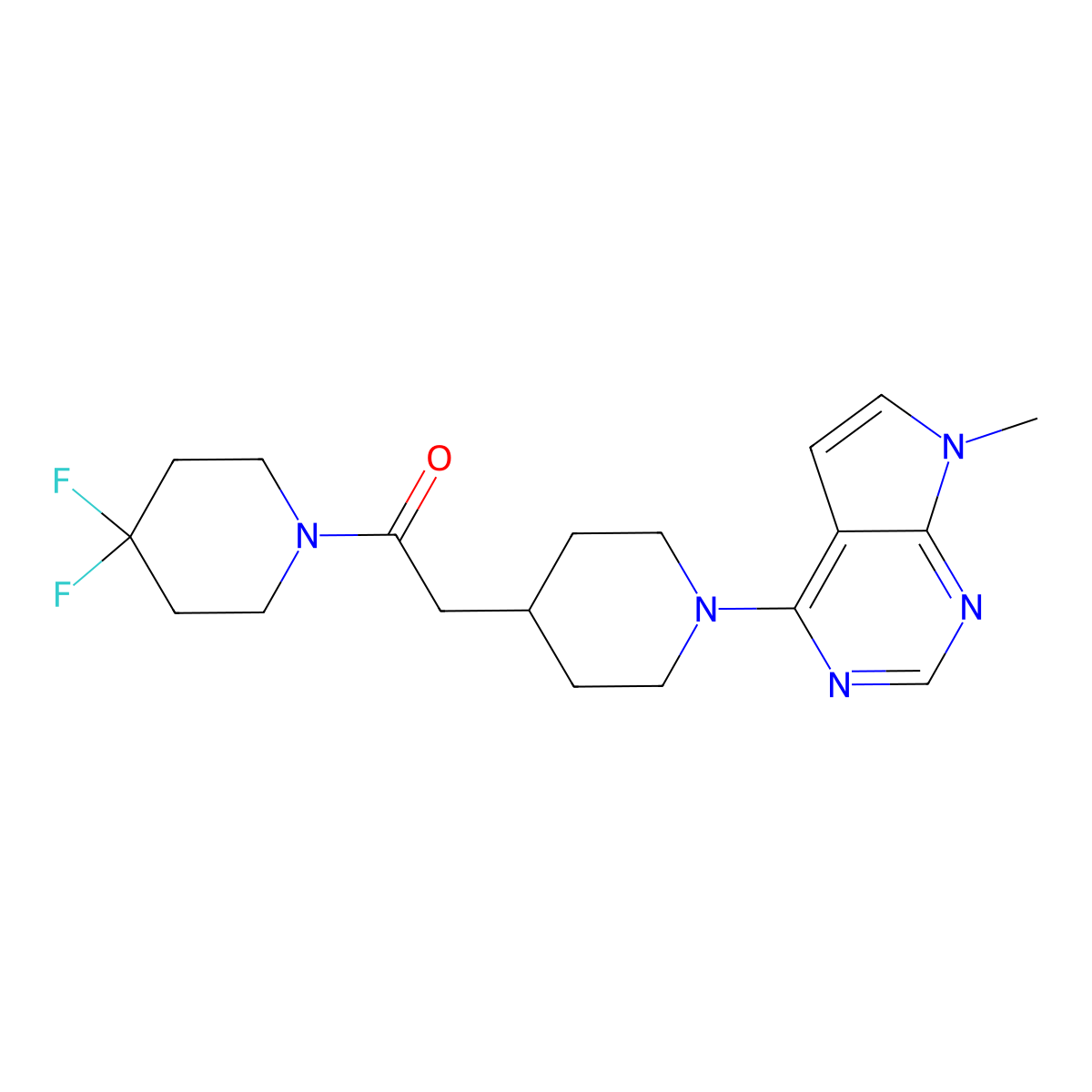 1-(4,4-difluoropiperidin-1-yl)-2-(1-{7-methyl-7H-pyrrolo[2,3-d]pyrimidin-4-yl}piperidin-4-yl)ethan-1-one molecular structure, CAS 3054536-68-1