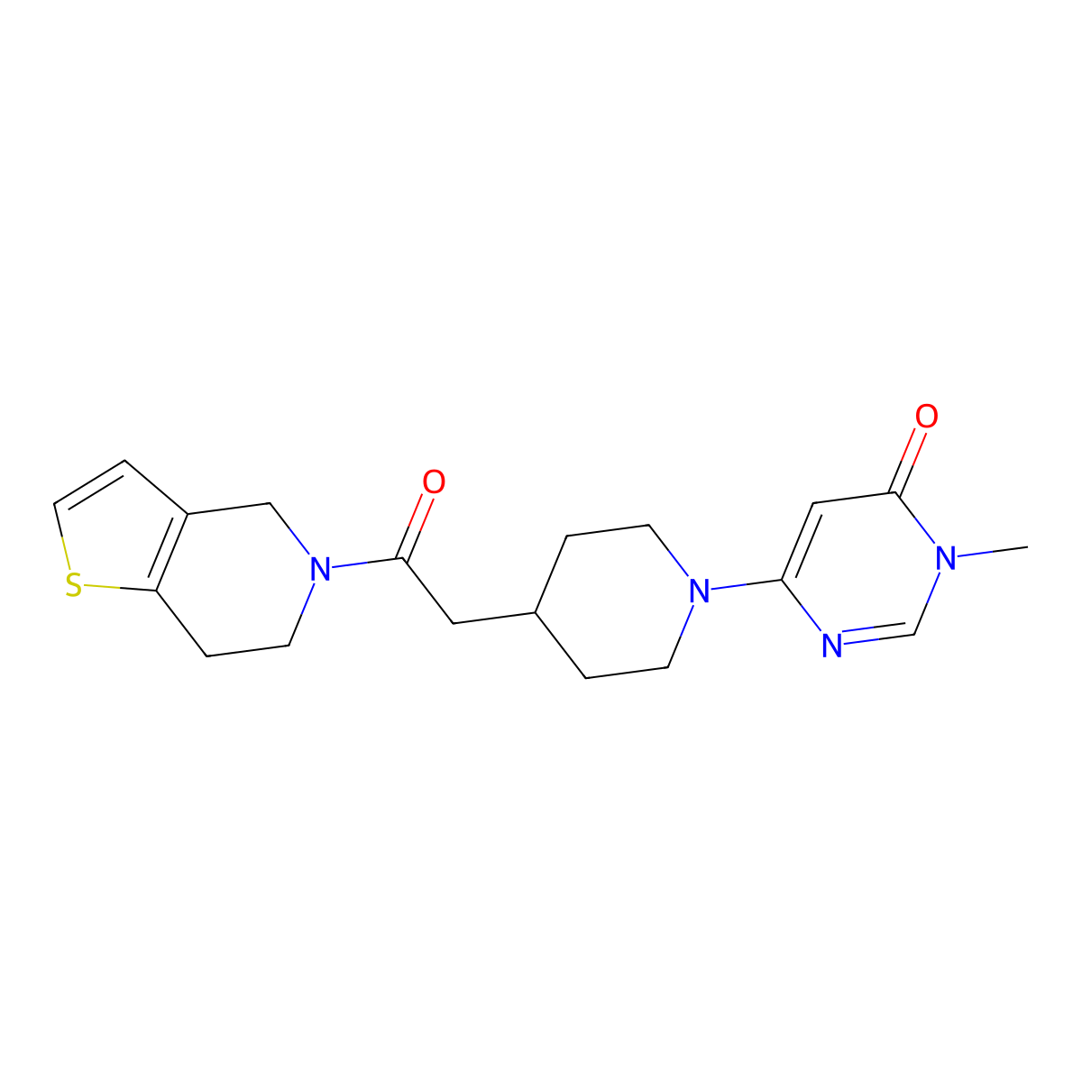 3-methyl-6-[4-(2-oxo-2-{4H,5H,6H,7H-thieno[3,2-c]pyridin-5-yl}ethyl)piperidin-1-yl]-3,4-dihydropyrimidin-4-one molecular structure, CAS 3054536-70-5