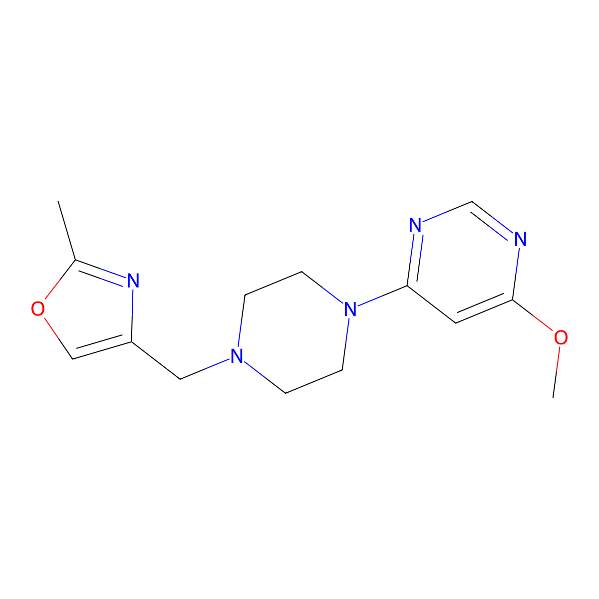 4-Methoxy-6-{4-[(2-methyl-1,3-oxazol-4-yl)methyl]piperazin-1-yl}pyrimidine molecular structure, CAS 3054536-74-9