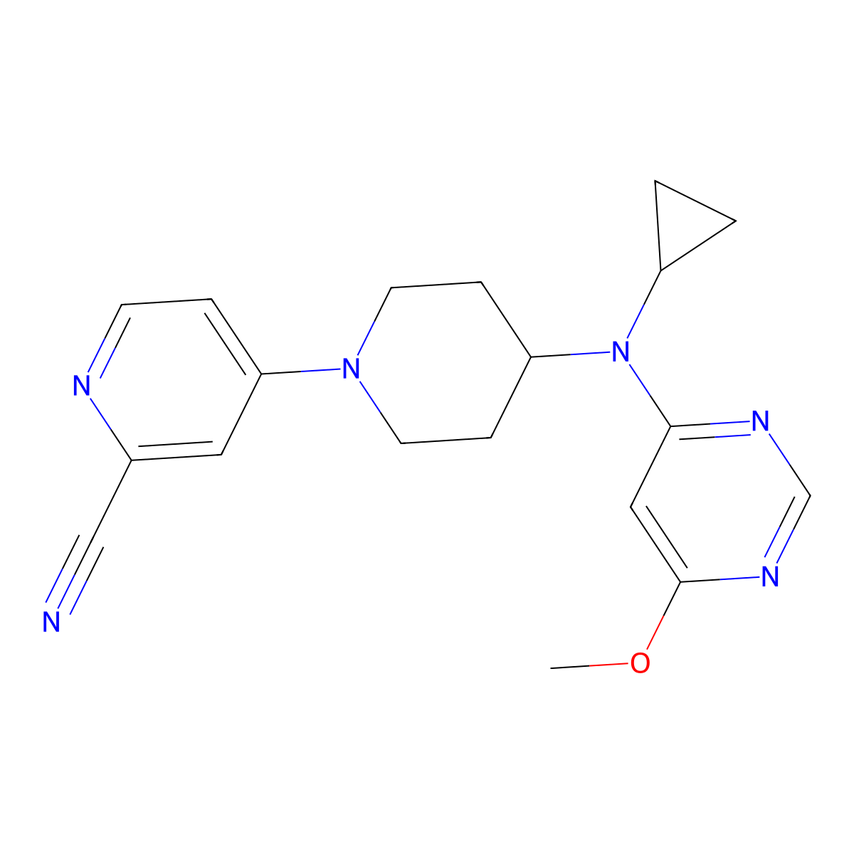 4-{4-[Cyclopropyl(6-methoxypyrimidin-4-yl)amino]piperidin-1-yl}pyridine-2-carbonitrile molecular structure, CAS 3054536-85-2