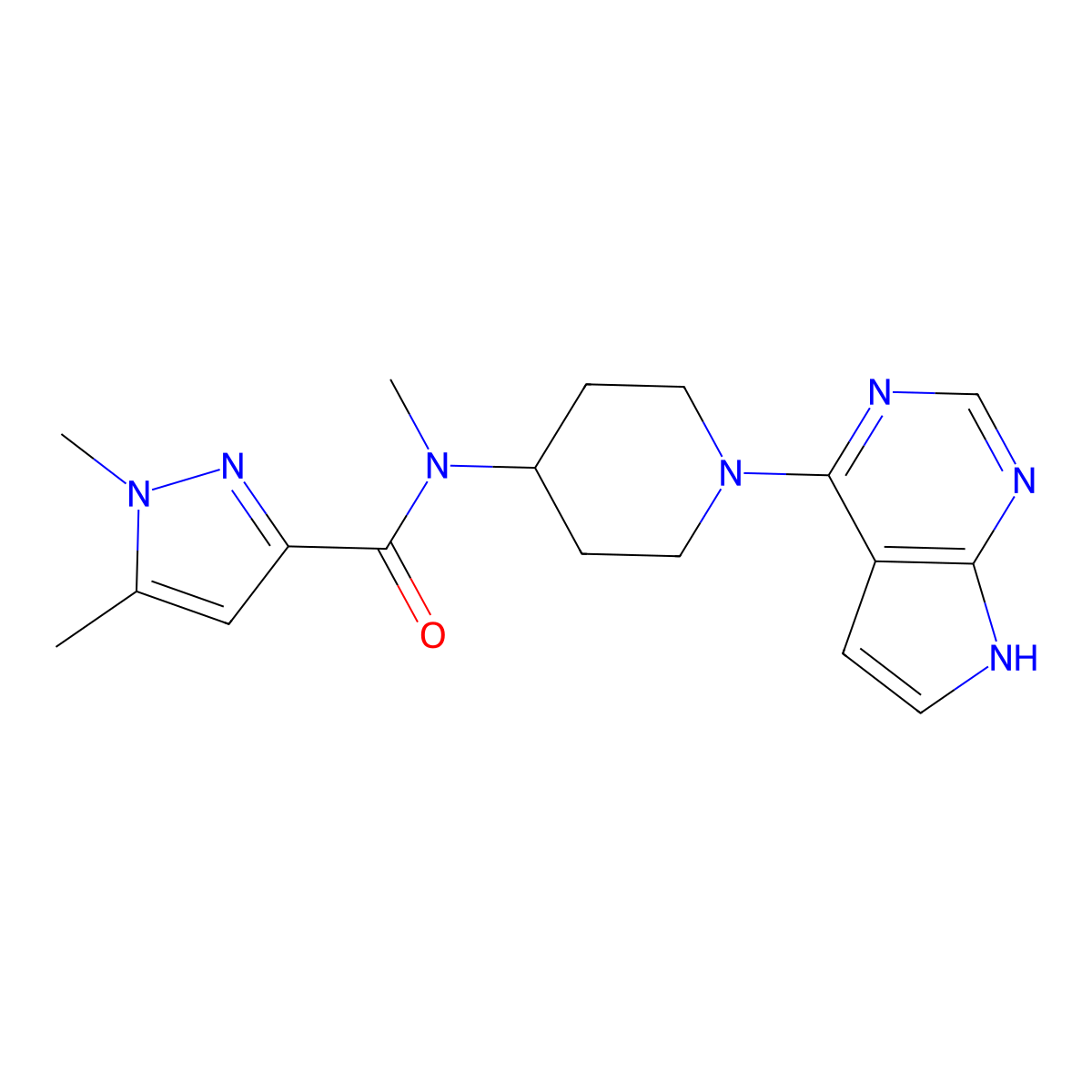 N,1,5-trimethyl-N-(1-{7H-pyrrolo[2,3-d]pyrimidin-4-yl}piperidin-4-yl)-1H-pyrazole-3-carboxamide molecular structure, CAS 3054536-91-0