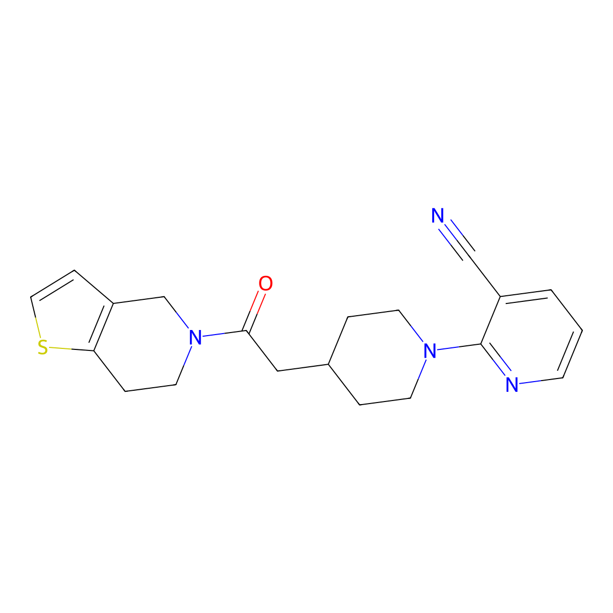 2-[4-(2-oxo-2-{4H,5H,6H,7H-thieno[3,2-c]pyridin-5-yl}ethyl)piperidin-1-yl]pyridine-3-carbonitrile molecular structure, CAS 3054536-92-1