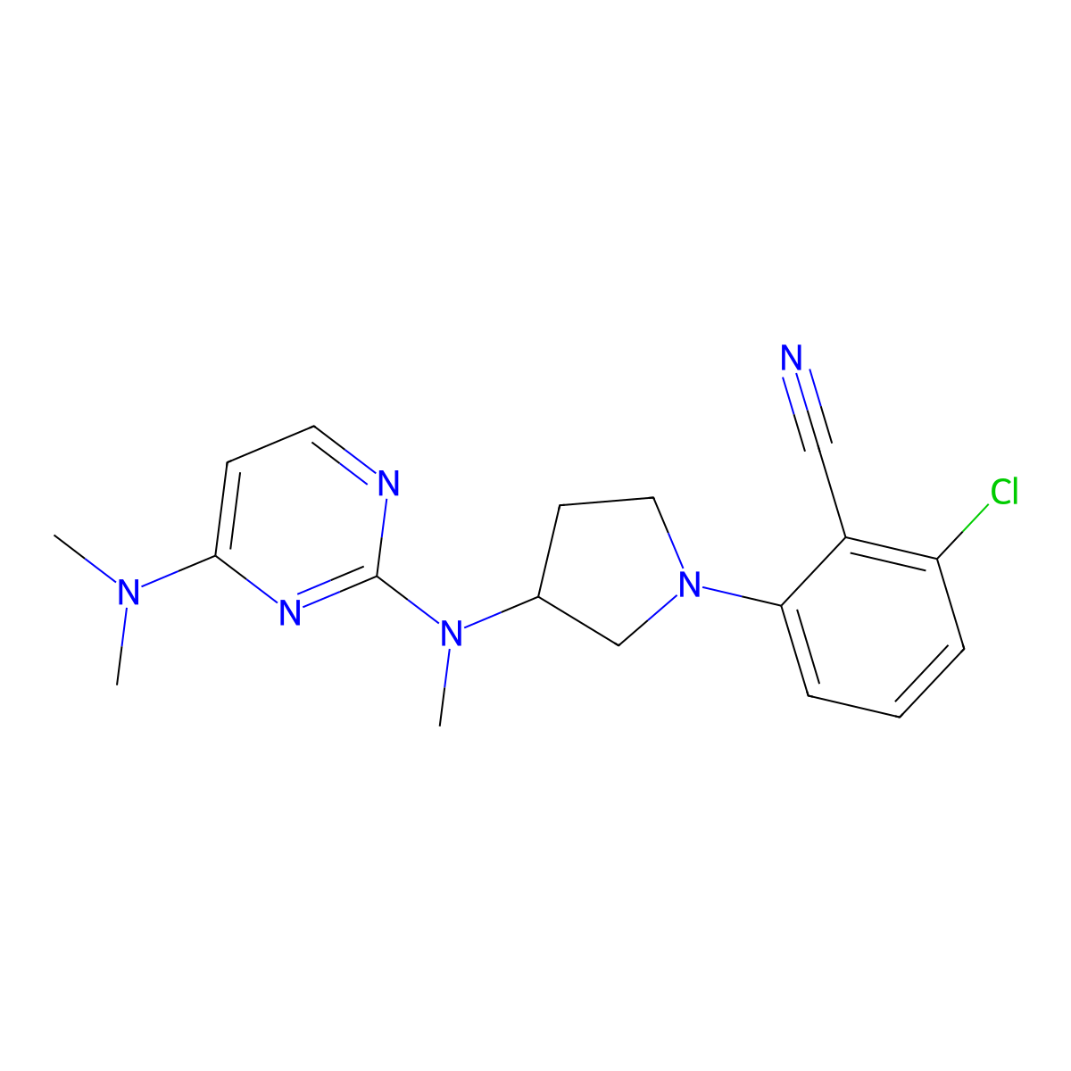 2-Chloro-6-(3-{[4-(dimethylamino)pyrimidin-2-yl](methyl)amino}pyrrolidin-1-yl)benzonitrile molecular structure, CAS 3054536-93-2
