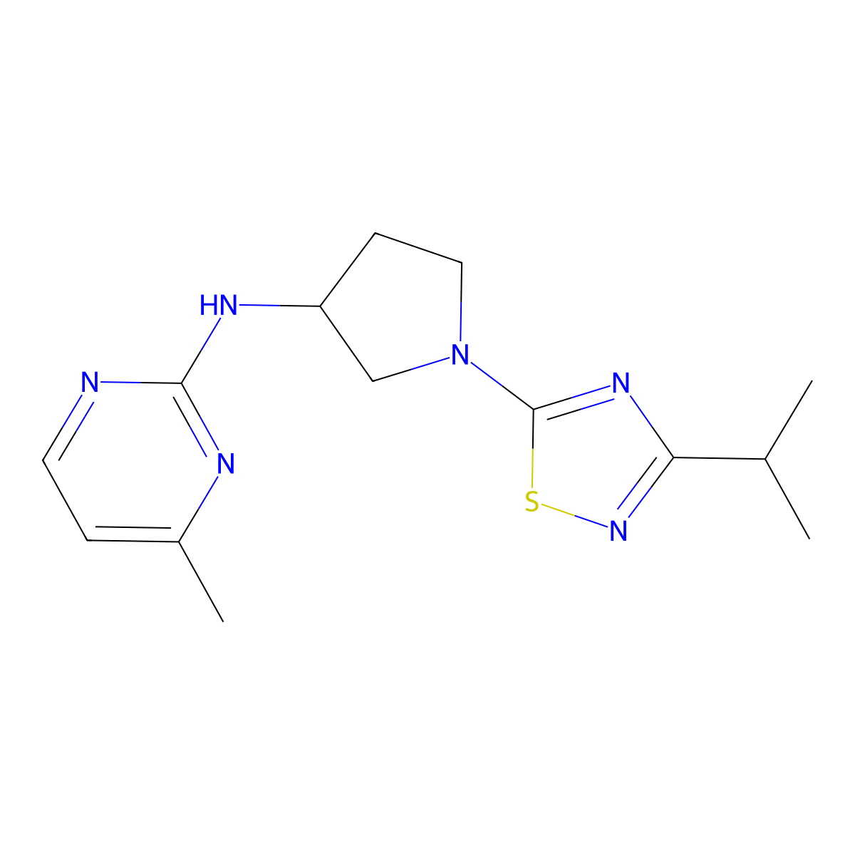 4-methyl-N-{1-[3-(propan-2-yl)-1,2,4-thiadiazol-5-yl]pyrrolidin-3-yl}pyrimidin-2-amine molecular structure, CAS 3054536-94-3
