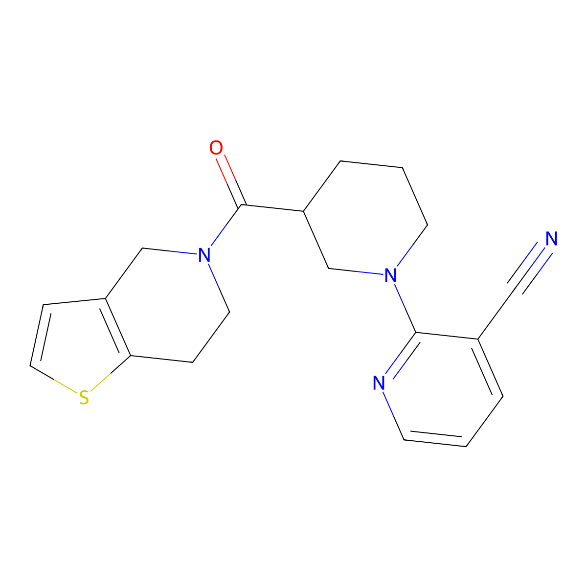 2-(3-{4H,5H,6H,7H-thieno[3,2-c]pyridine-5-carbonyl}piperidin-1-yl)pyridine-3-carbonitrile molecular structure, CAS 3054536-95-4