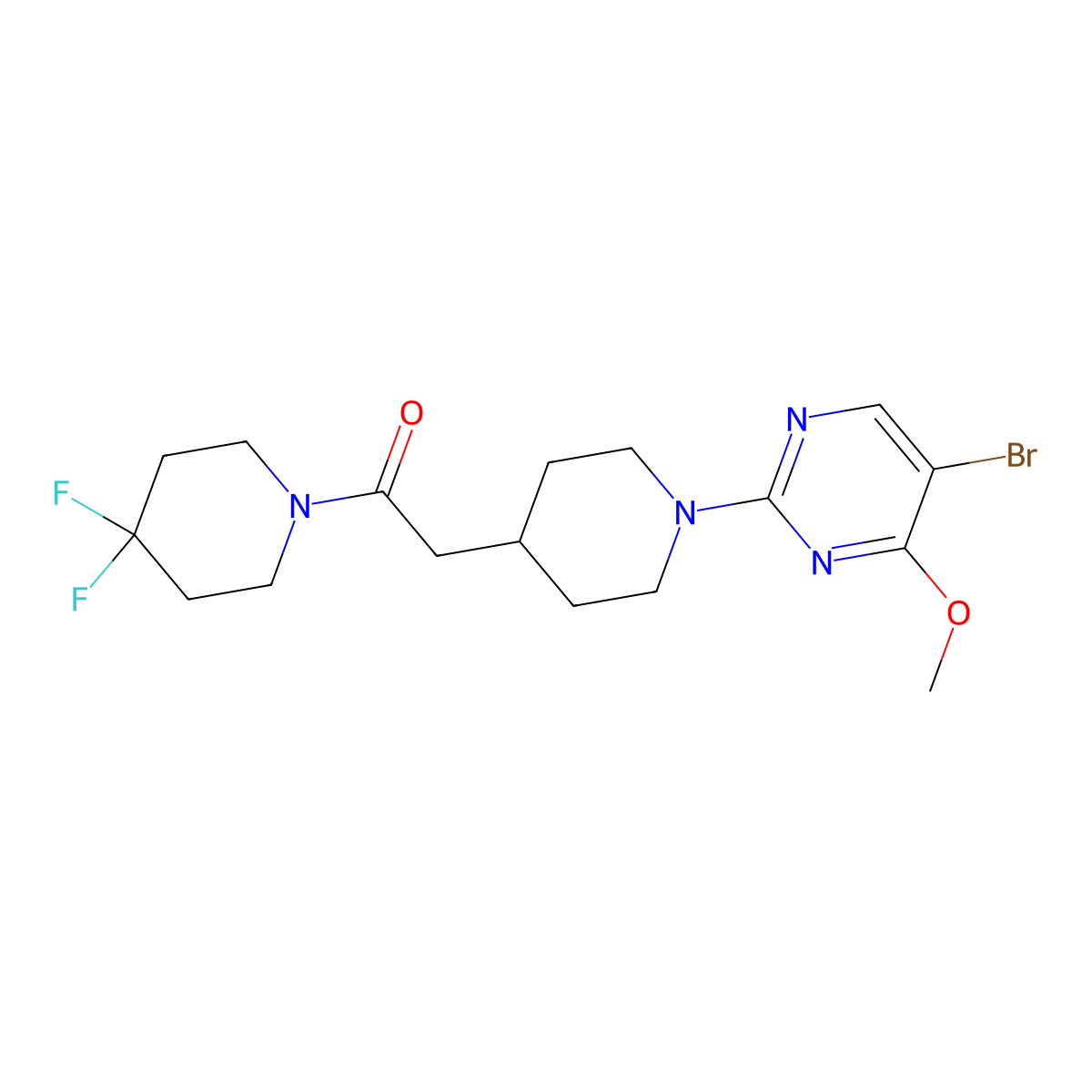 2-[1-(5-Bromo-4-methoxypyrimidin-2-yl)piperidin-4-yl]-1-(4,4-difluoropiperidin-1-yl)ethan-1-one molecular structure, CAS 3054536-97-6