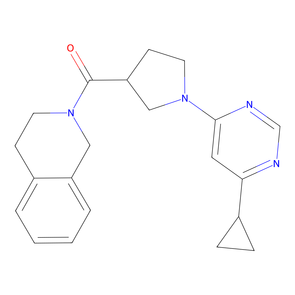 2-[1-(6-Cyclopropylpyrimidin-4-yl)pyrrolidine-3-carbonyl]-1,2,3,4-tetrahydroisoquinoline molecular structure, CAS 3054536-99-8